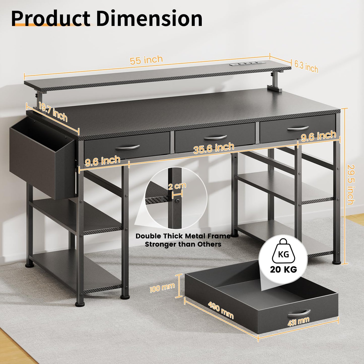 KOLIGEY Black Gaming Desk with LED Lights and Power Outlets, 55 Inch Computer Desk with 3 Drawers and Adjustable Monitor Stand