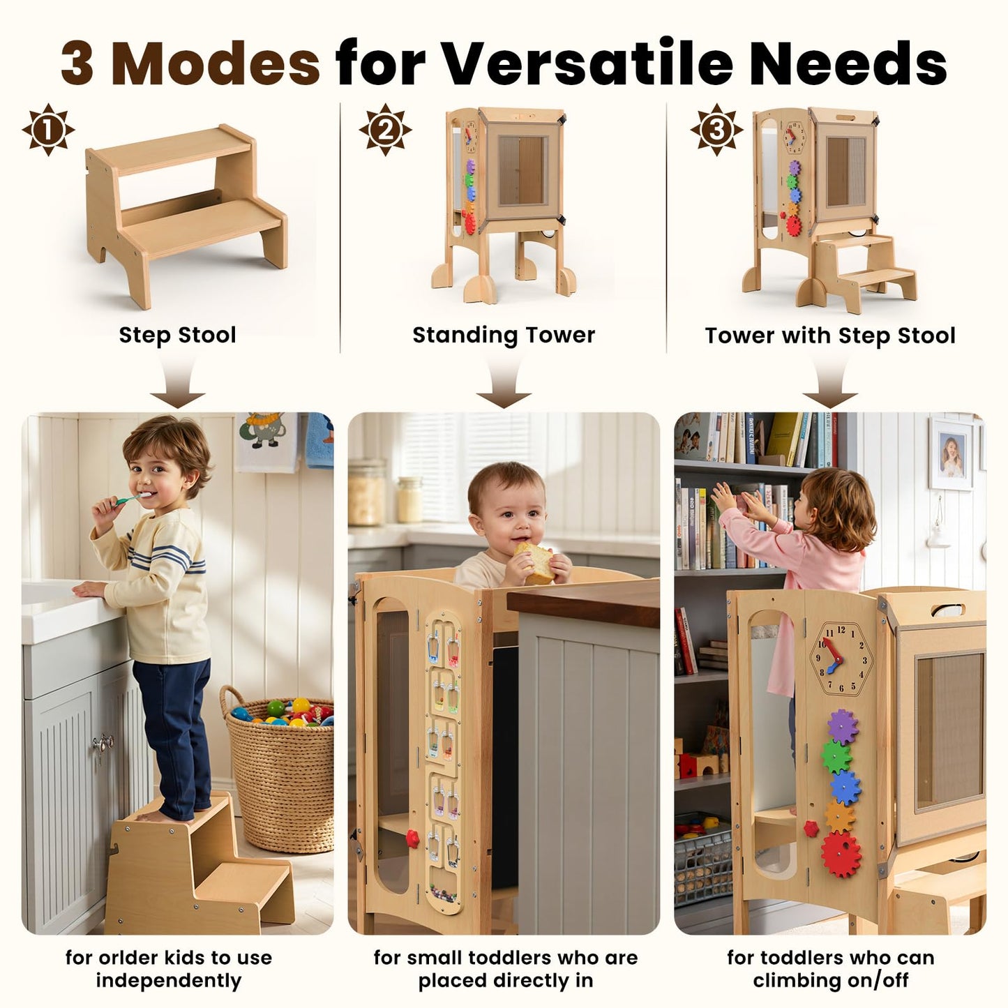 KOLIGEY Toddler Tower Foldable Toddler Kitchen Stool Helper with 2 Step Stool, Safety Net, Adjustable Height