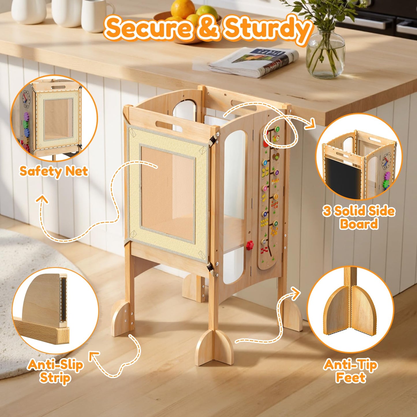 KOLIGEY Foldable Toddler Tower, Kitchen Stool Helper with 2 Step Stool, Toddler Standing Tower for Kids with Safety Net, Adjustable Height