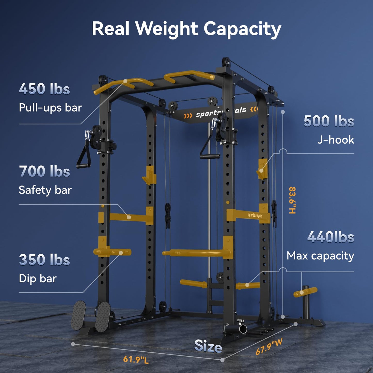 Sportsroyals 1600LB Power Rack with Adjustable Cable Crossover