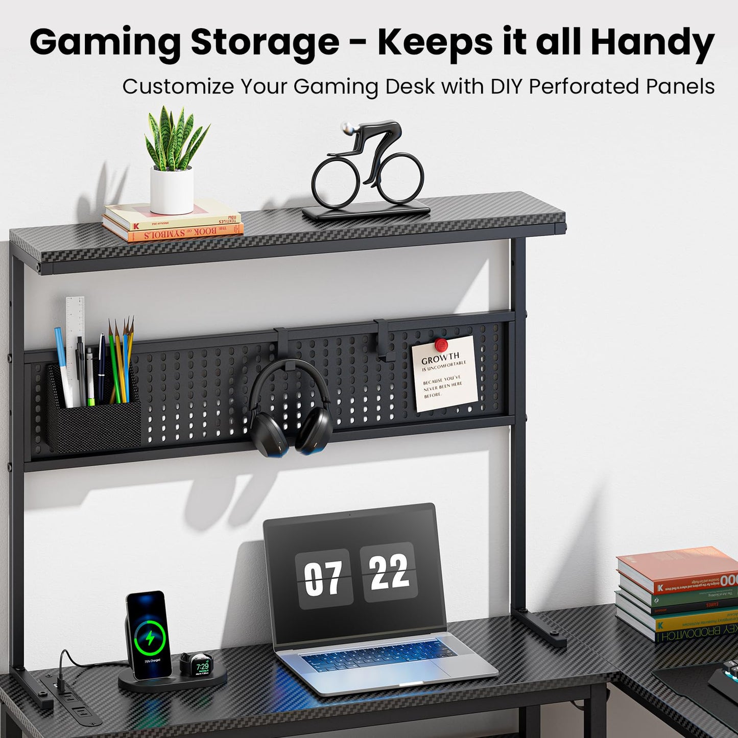 KOLIGEY Gaming Desk, L-Shaped Computer Desk with LED Lights, Monitor Stand, Power Outlets and Storage Drawer