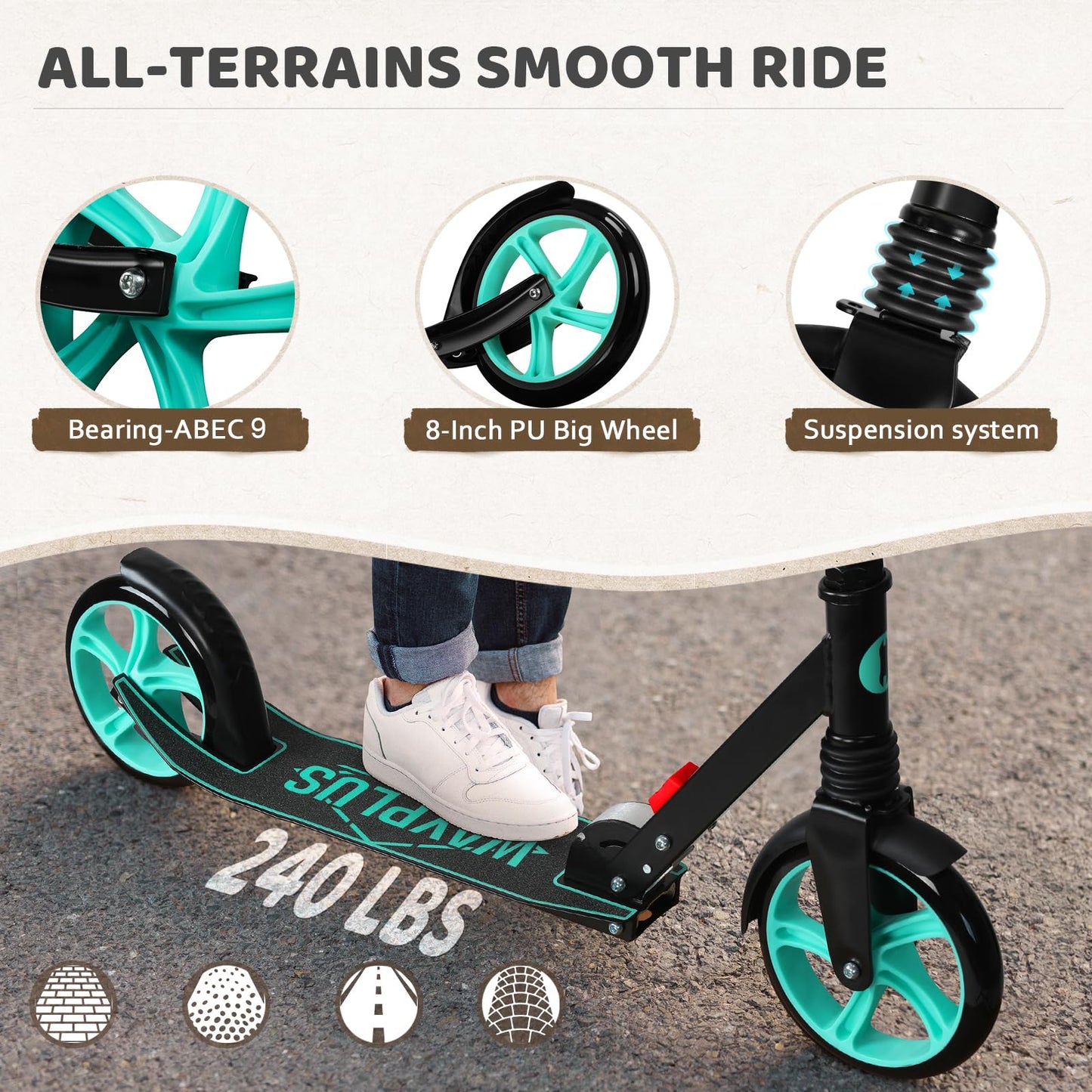 WAYPLUS Kick Scooter for Ages 6+,Kid, Teens & Adults. Max Load 240 LBS. Foldable, Lightweight, 8IN Big Wheels for Kids, Teen and Adults, 4 Adjustable Levels. Bearing ABEC9