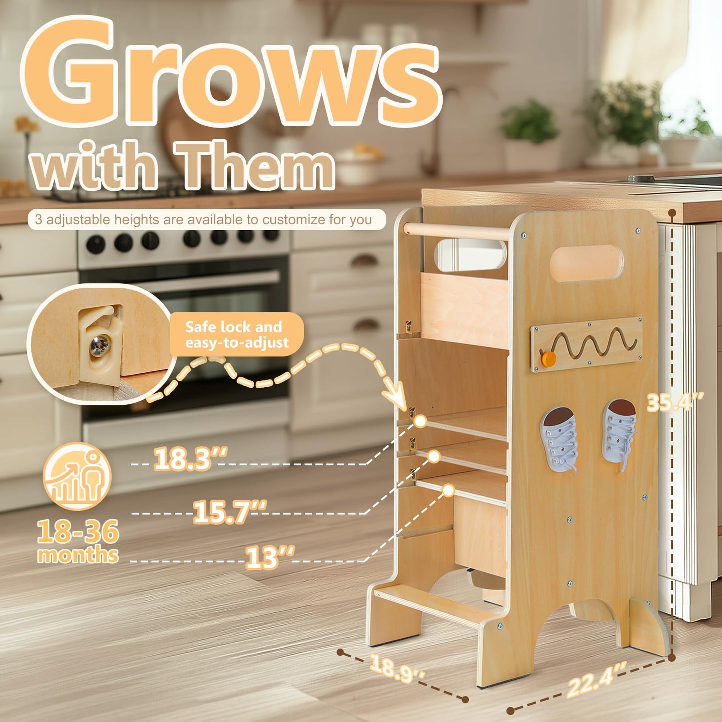 KOLIGEY Toddler Tower 4-in-1 Multifunctional Kitchen Stool Helper with Removable Safety Board, Adjustable Heights