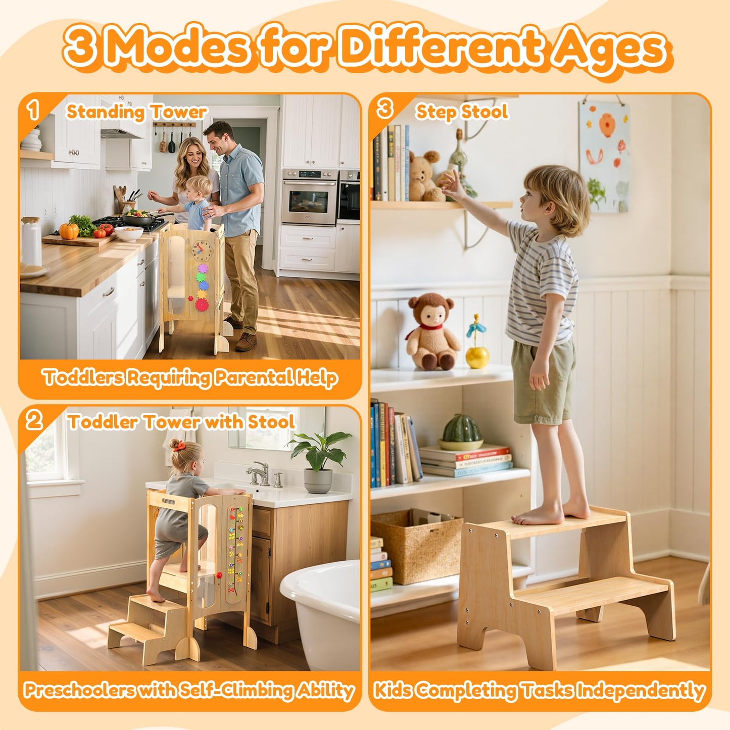 KOLIGEY Foldable Toddler Tower, Kitchen Stool Helper with 2 Step Stool, Toddler Standing Tower for Kids with Safety Net, Adjustable Height