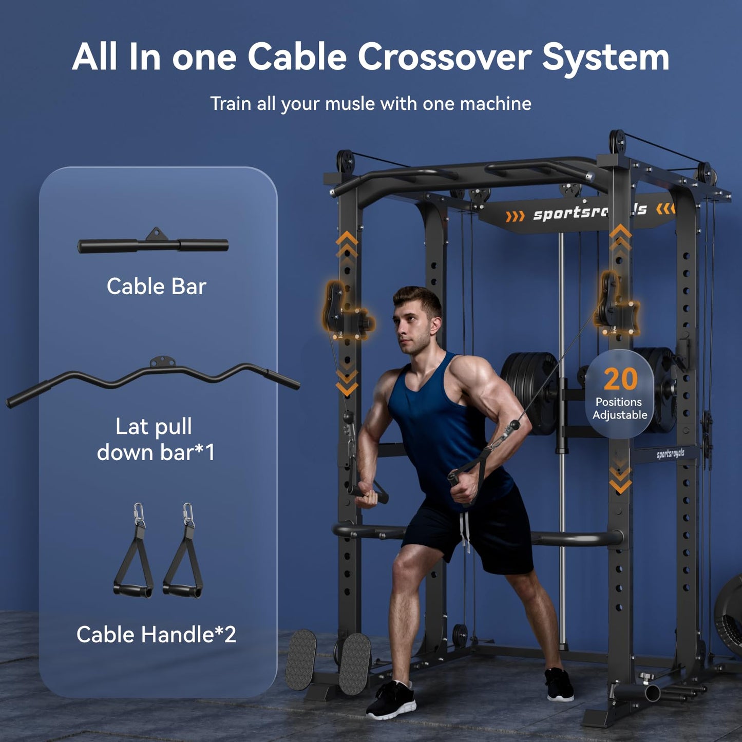 Sportsroyals 1600LB Power Rack with Adjustable Cable Crossover