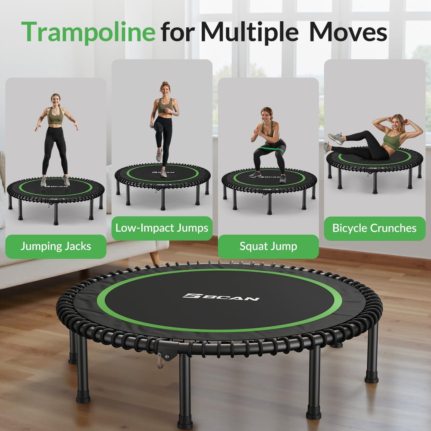 BCAN 450LBS Foldable Mini Trampoline, 48" Adult Fitness Trampoline with Durable Bungees, Stable & Quiet Exercise Rebounder for Indoor/Garden Workout