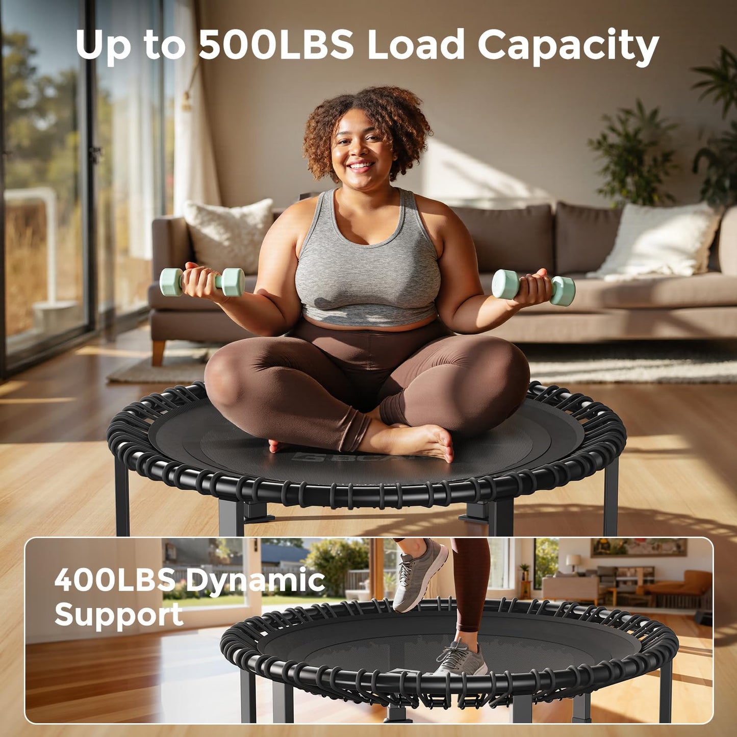 BCAN 40" Soft Land Pro Fitness Rebounder Trampoline, 400 lb Capacity, Adjustable Tension Bungees, Quiet Indoor Cardio w/Handle, Phone Holder & 2 Pairs Socks