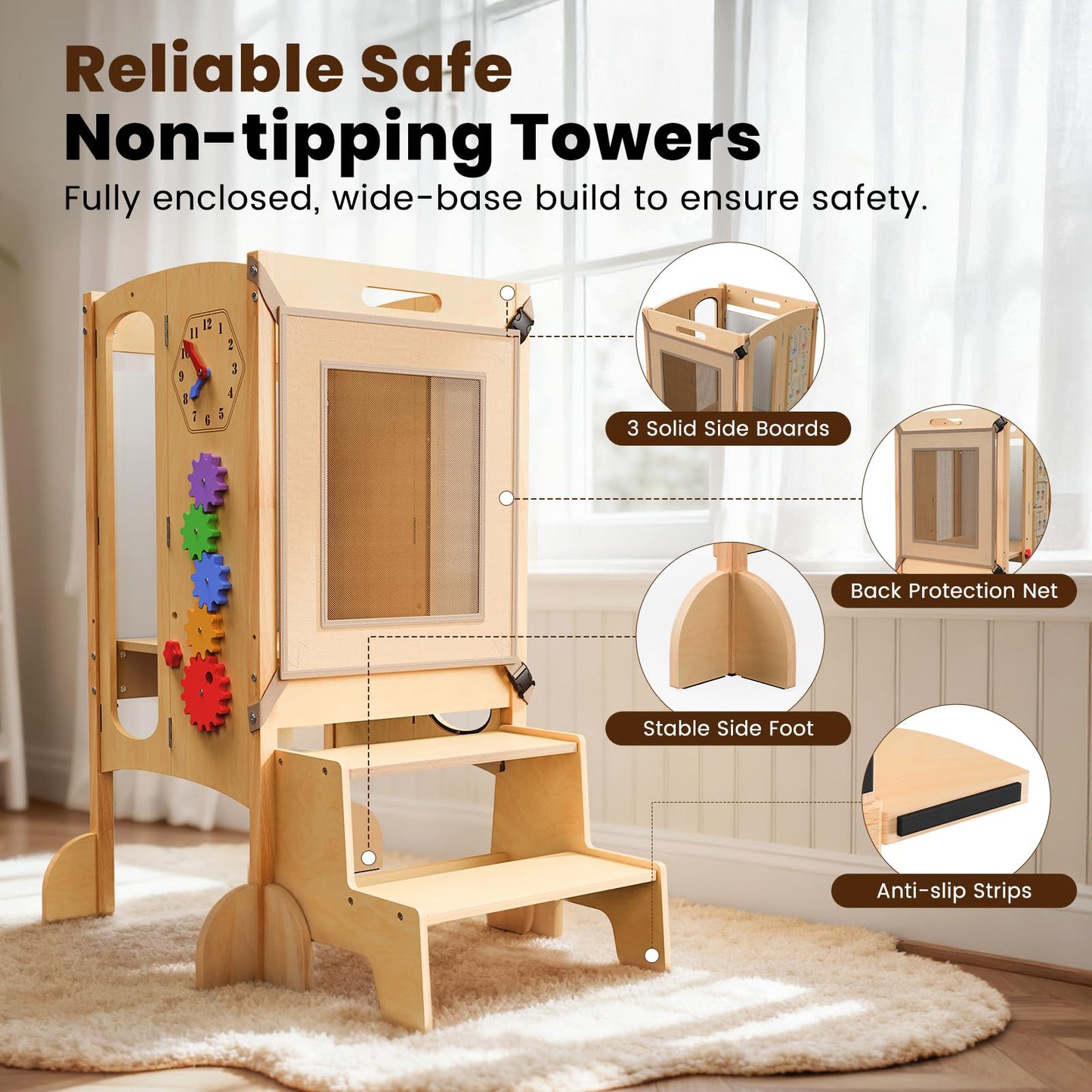KOLIGEY Toddler Tower Foldable Toddler Kitchen Stool Helper with 2 Step Stool, Safety Net, Adjustable Height