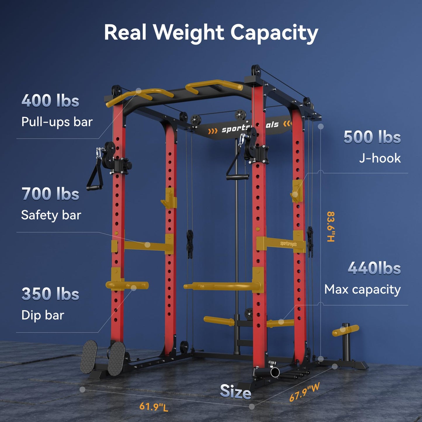 Sportsroyals Power Cage, Power Rack with Adjustable Cable Crossover System, Weight Cage for Home Gym