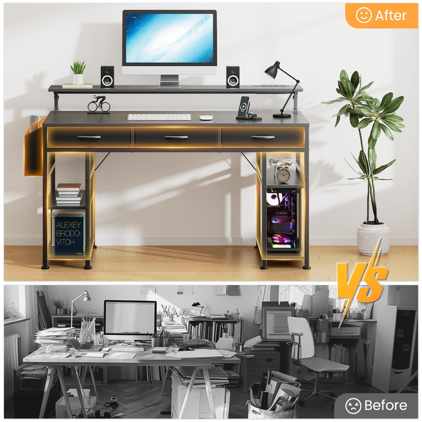 KOLIGEY Black Gaming Desk with LED Lights and Power Outlets, 55 Inch Computer Desk with 3 Drawers and Adjustable Monitor Stand