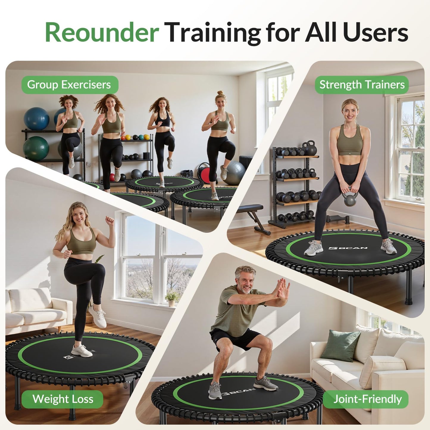 BCAN 450LBS Foldable Mini Trampoline, 48" Adult Fitness Trampoline with Durable Bungees, Stable & Quiet Exercise Rebounder for Indoor/Garden Workout