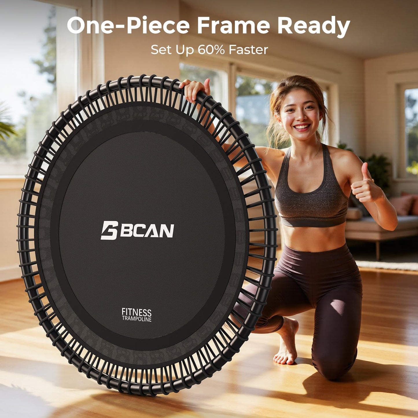 BCAN 40" Soft Land Pro Fitness Rebounder Trampoline, 400 lb Capacity, Adjustable Tension Bungees, Quiet Indoor Cardio w/Handle, Phone Holder & 2 Pairs Socks