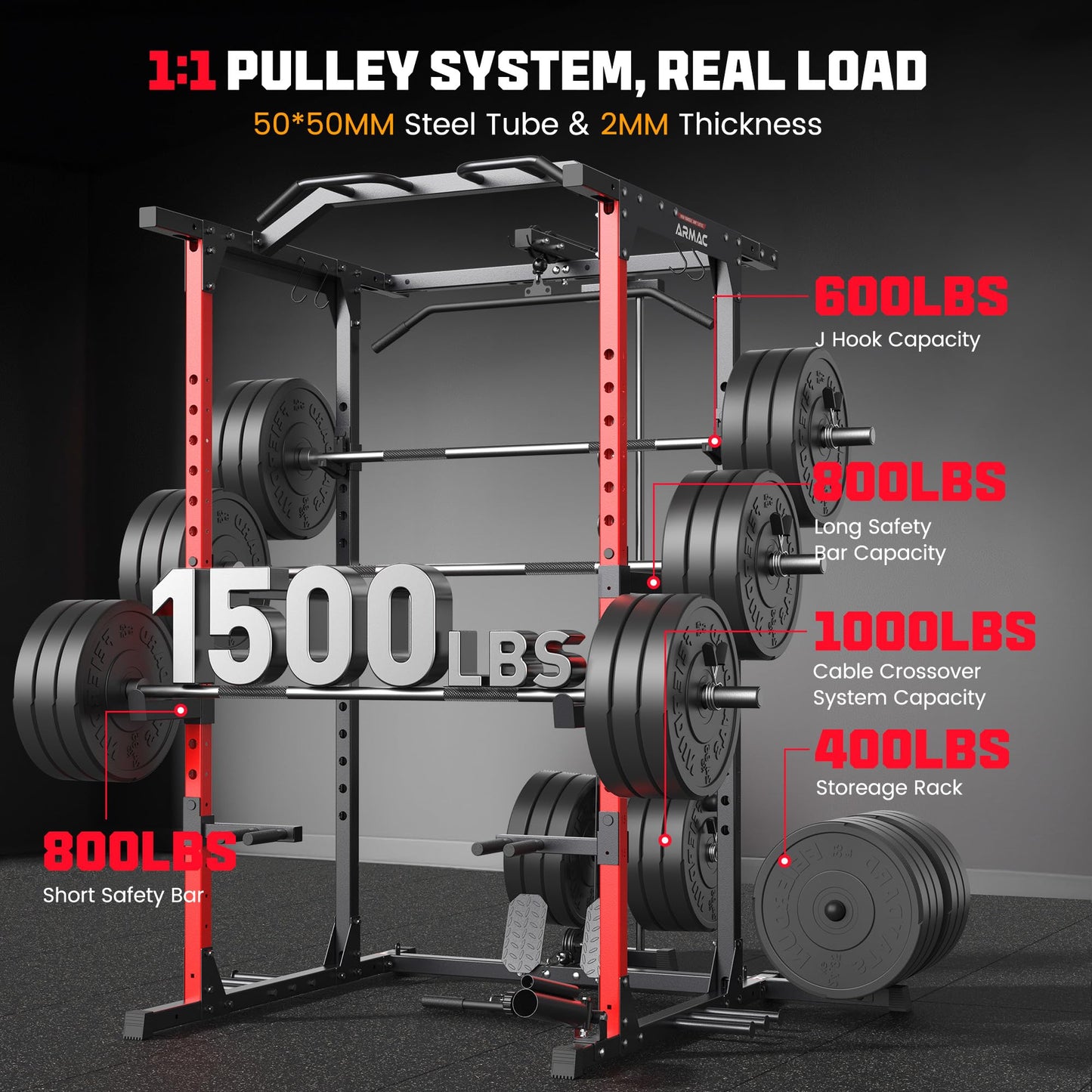 ARMAC Power Cage, Power Rack with Adjustable Cable Crossover System, Weight Cage for Home Gym