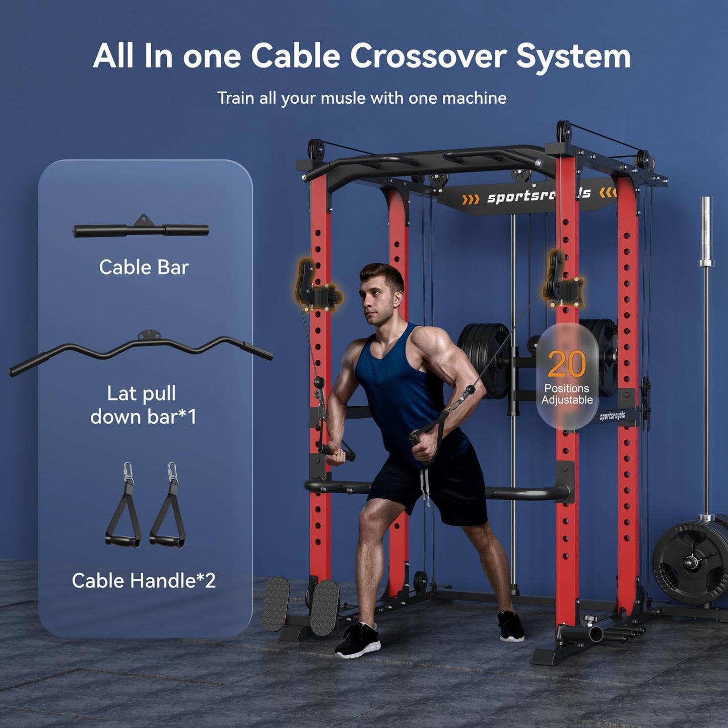 Sportsroyals Power Cage, Power Rack with Adjustable Cable Crossover System, Weight Cage for Home Gym