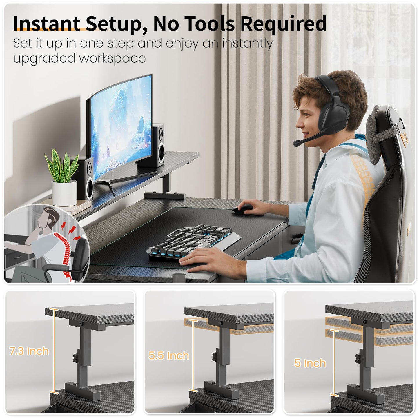 KOLIGEY Black Gaming Desk with LED Lights and Power Outlets, 55 Inch Computer Desk with 3 Drawers and Adjustable Monitor Stand