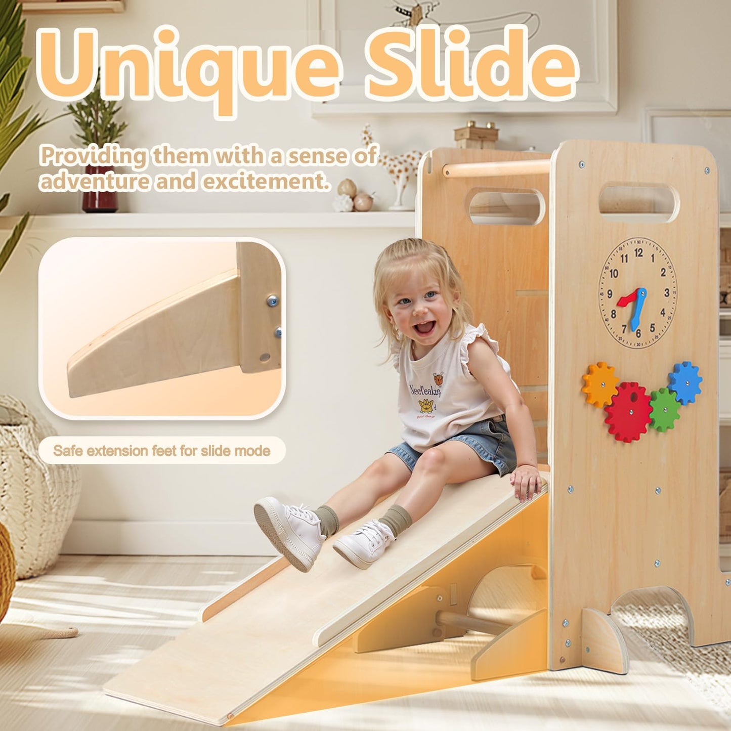 KOLIGEY Toddler Tower 4-in-1 Multifunctional Kitchen Stool Helper with Removable Safety Board, Adjustable Heights