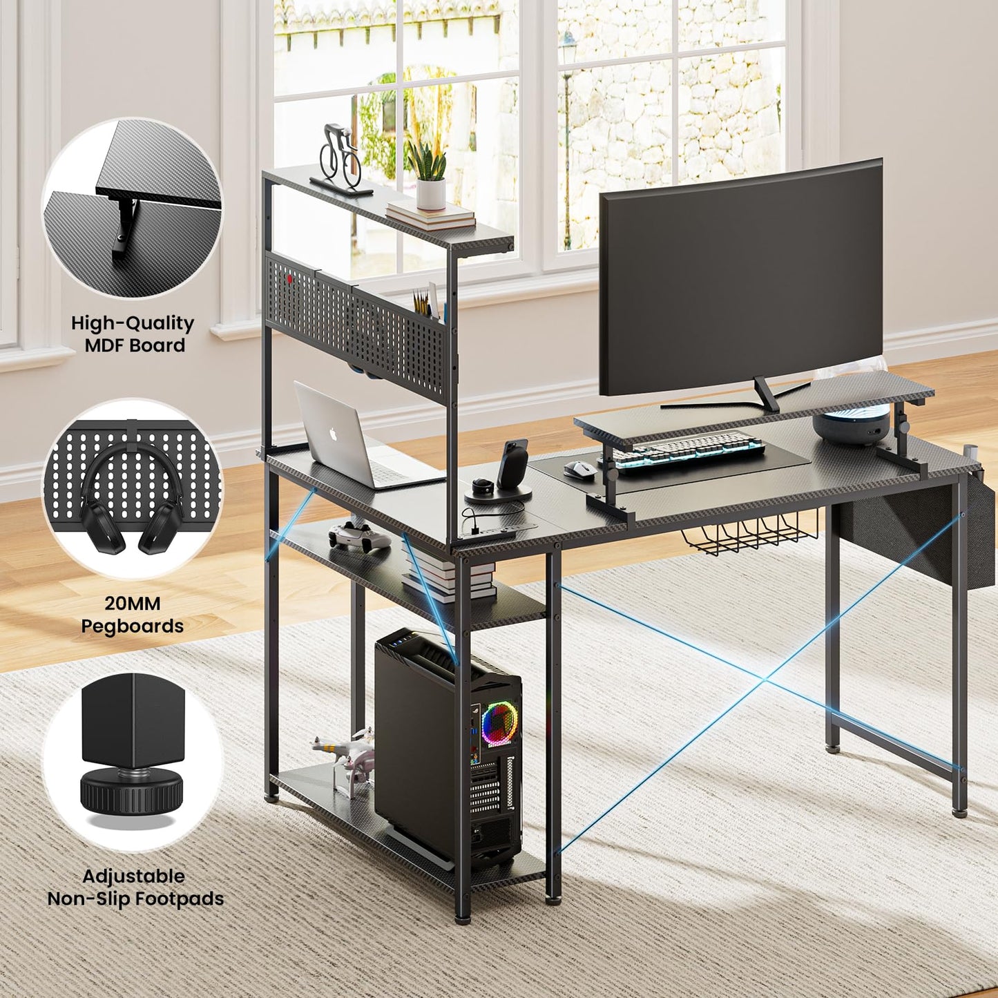KOLIGEY Gaming Desk, L-Shaped Computer Desk with LED Lights, Monitor Stand, Power Outlets and Storage Drawer