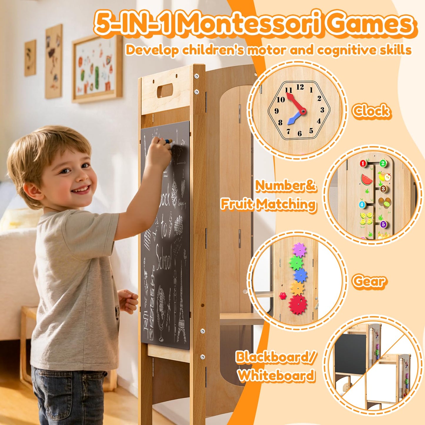 KOLIGEY Foldable Toddler Tower, Kitchen Stool Helper with 2 Step Stool, Toddler Standing Tower for Kids with Safety Net, Adjustable Height