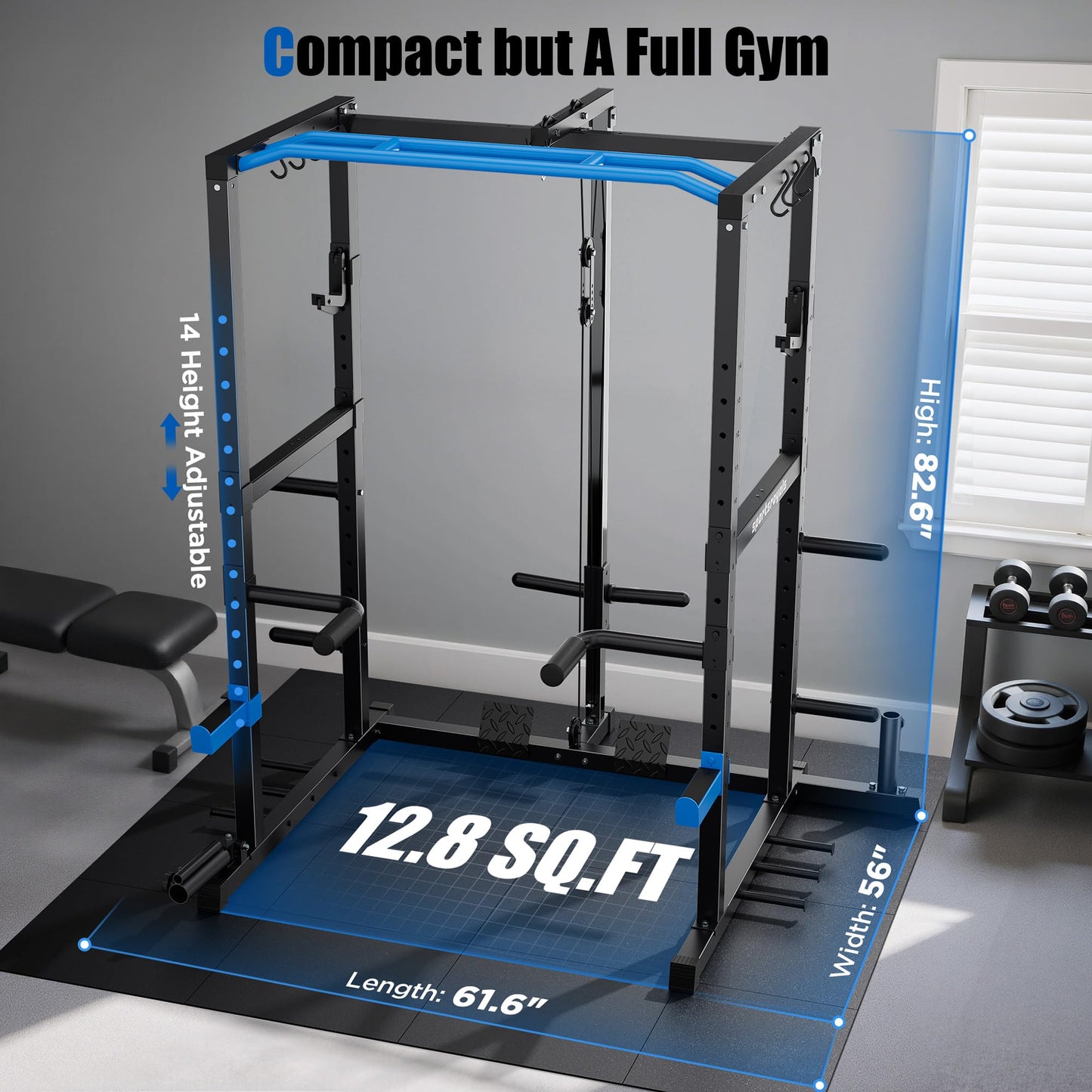 FED Fitness Power Cage,1600lbs Multi-Function Power Rack with Adjustable Cable Crossover System and More Training Attachment, Weight Cage for Home Gym