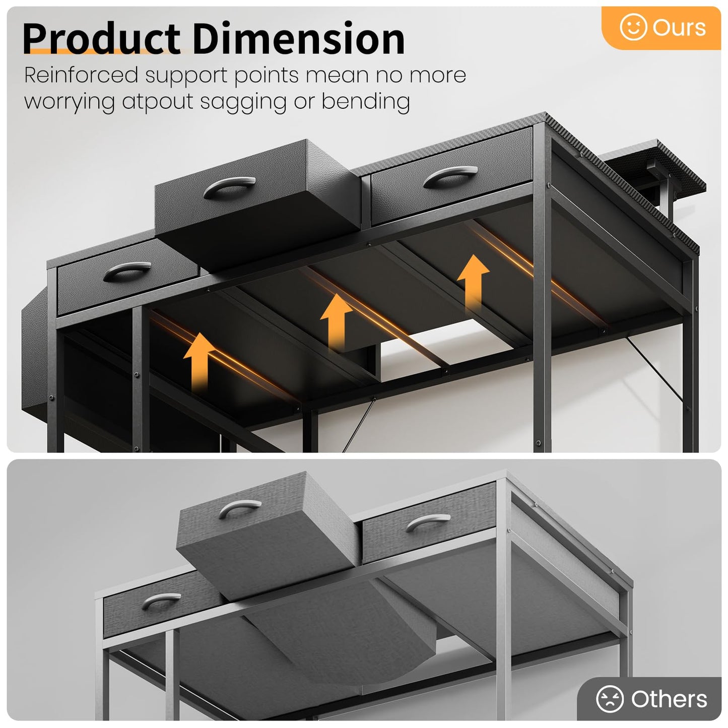 KOLIGEY Black Gaming Desk with LED Lights and Power Outlets, 55 Inch Computer Desk with 3 Drawers and Adjustable Monitor Stand