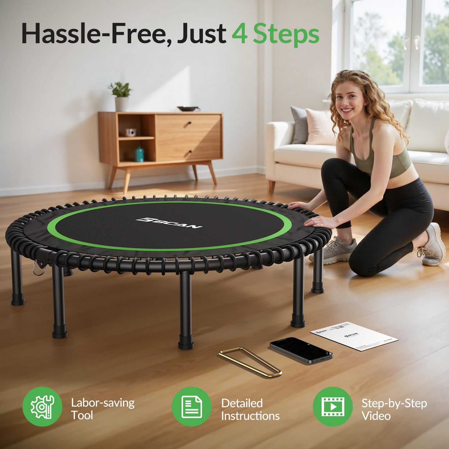 BCAN 450LBS Foldable Mini Trampoline, 48" Adult Fitness Trampoline with Durable Bungees, Stable & Quiet Exercise Rebounder for Indoor/Garden Workout