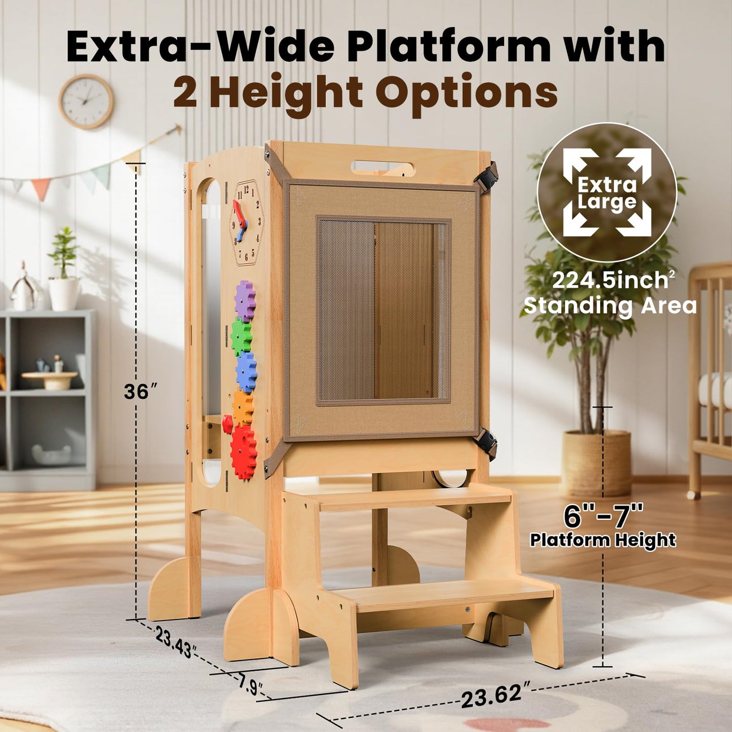KOLIGEY Toddler Tower Foldable Toddler Kitchen Stool Helper with 2 Step Stool, Safety Net, Adjustable Height