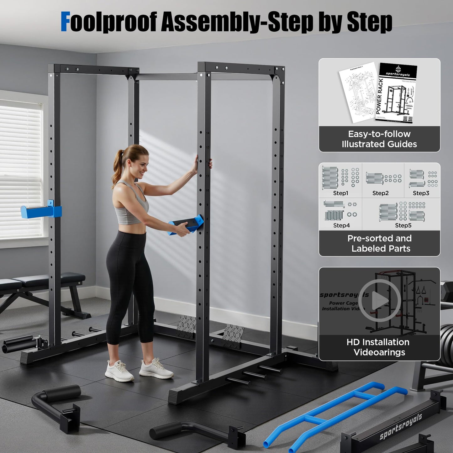 FED Fitness Power Cage,1600lbs Multi-Function Power Rack with Adjustable Cable Crossover System and More Training Attachment, Weight Cage for Home Gym