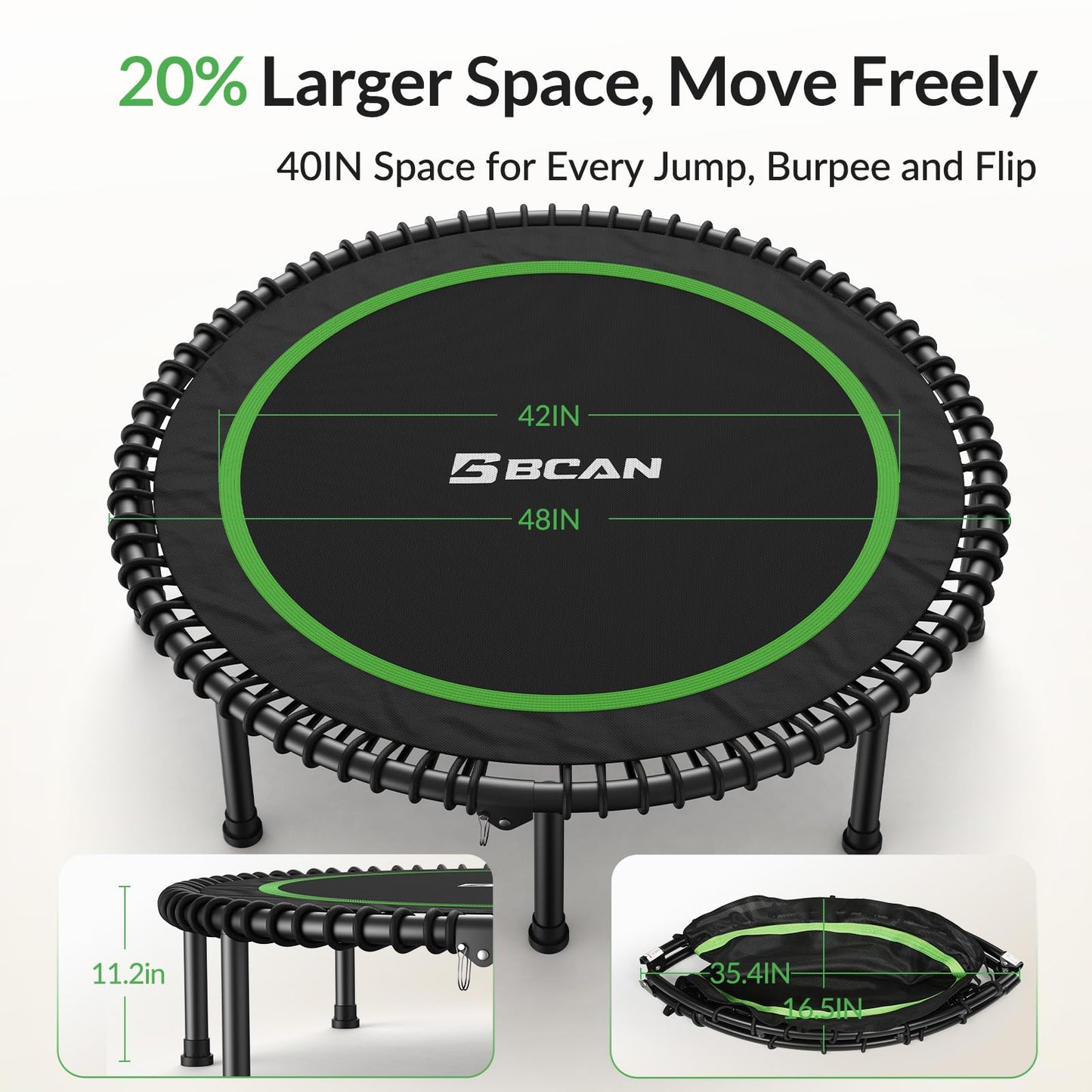 BCAN 450LBS Foldable Mini Trampoline, 48" Adult Fitness Trampoline with Durable Bungees, Stable & Quiet Exercise Rebounder for Indoor/Garden Workout