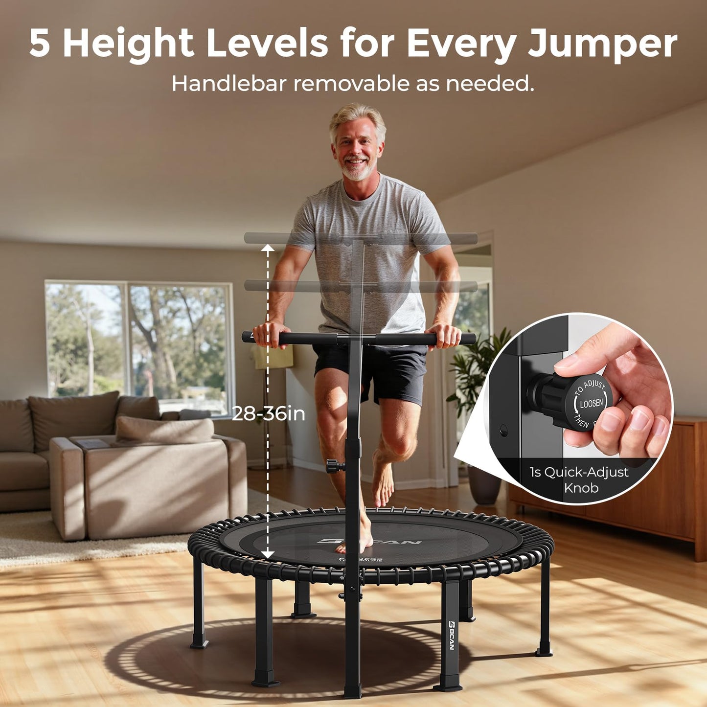 BCAN 40" Soft Land Pro Fitness Rebounder Trampoline, 400 lb Capacity, Adjustable Tension Bungees, Quiet Indoor Cardio w/Handle, Phone Holder & 2 Pairs Socks