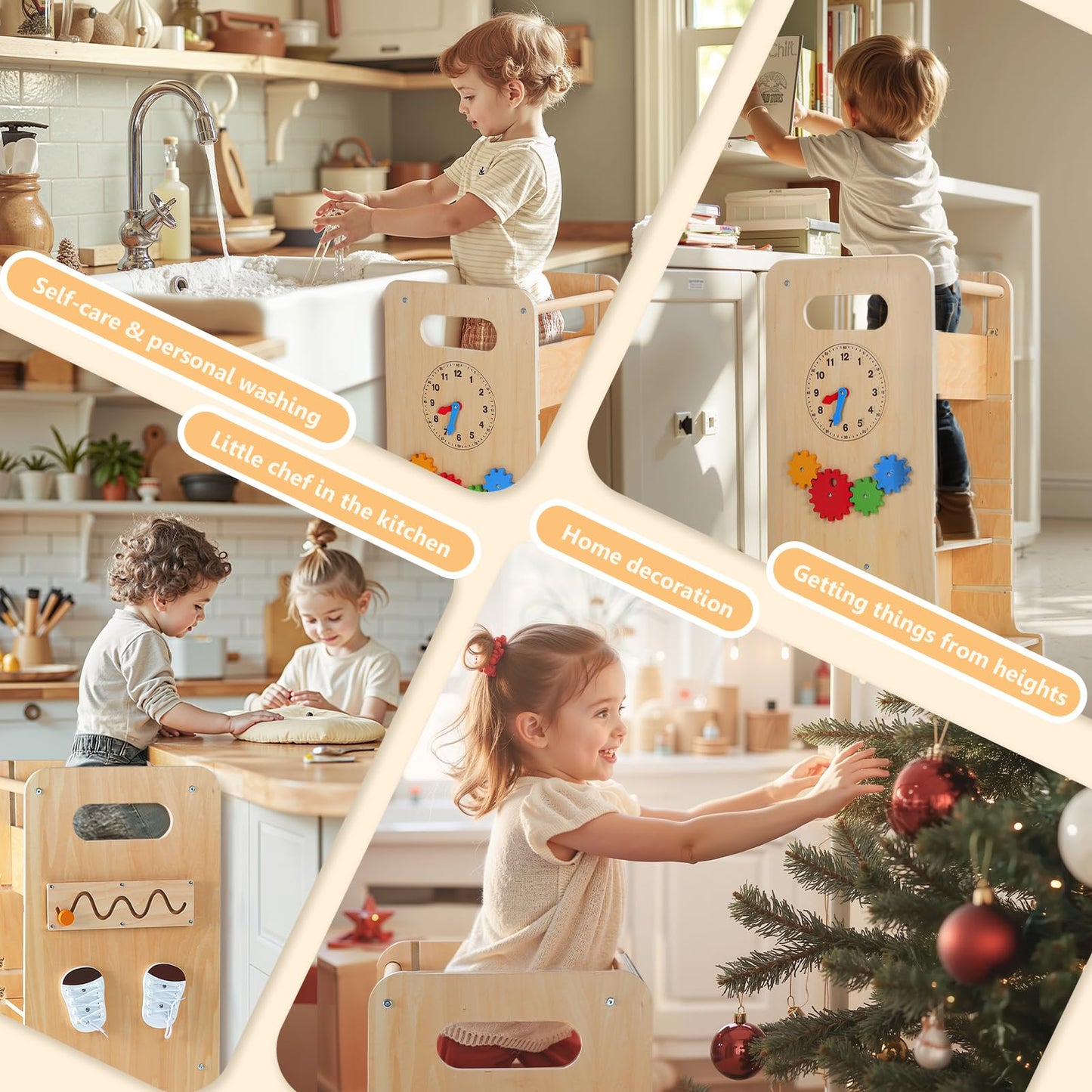 KOLIGEY Toddler Tower 4-in-1 Multifunctional Kitchen Stool Helper with Removable Safety Board, Adjustable Heights