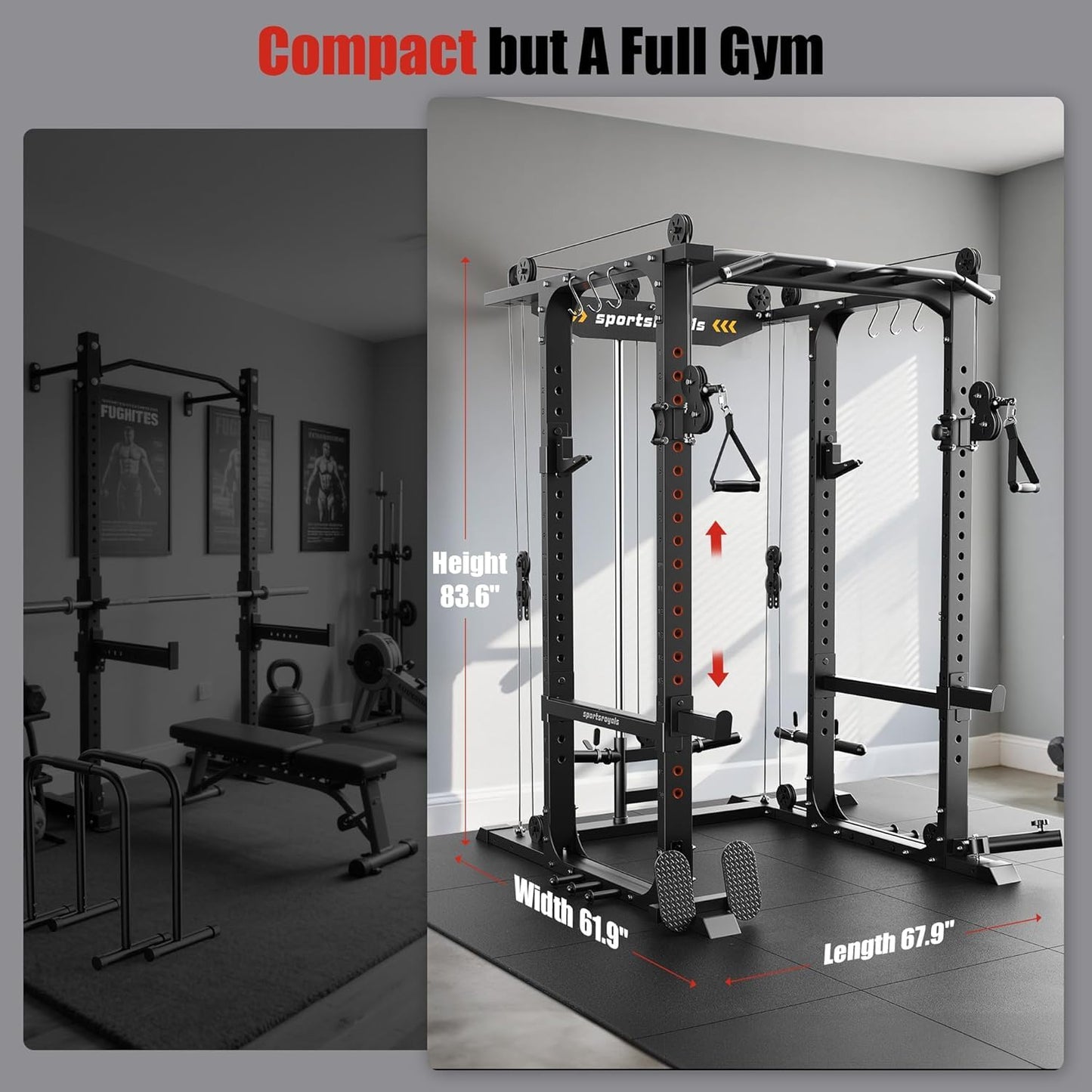 Sportsroyals Power Cage,1600lbs Multi-Function Power Rack with Adjustable Cable Crossover System, Weight Cage for Home Gym