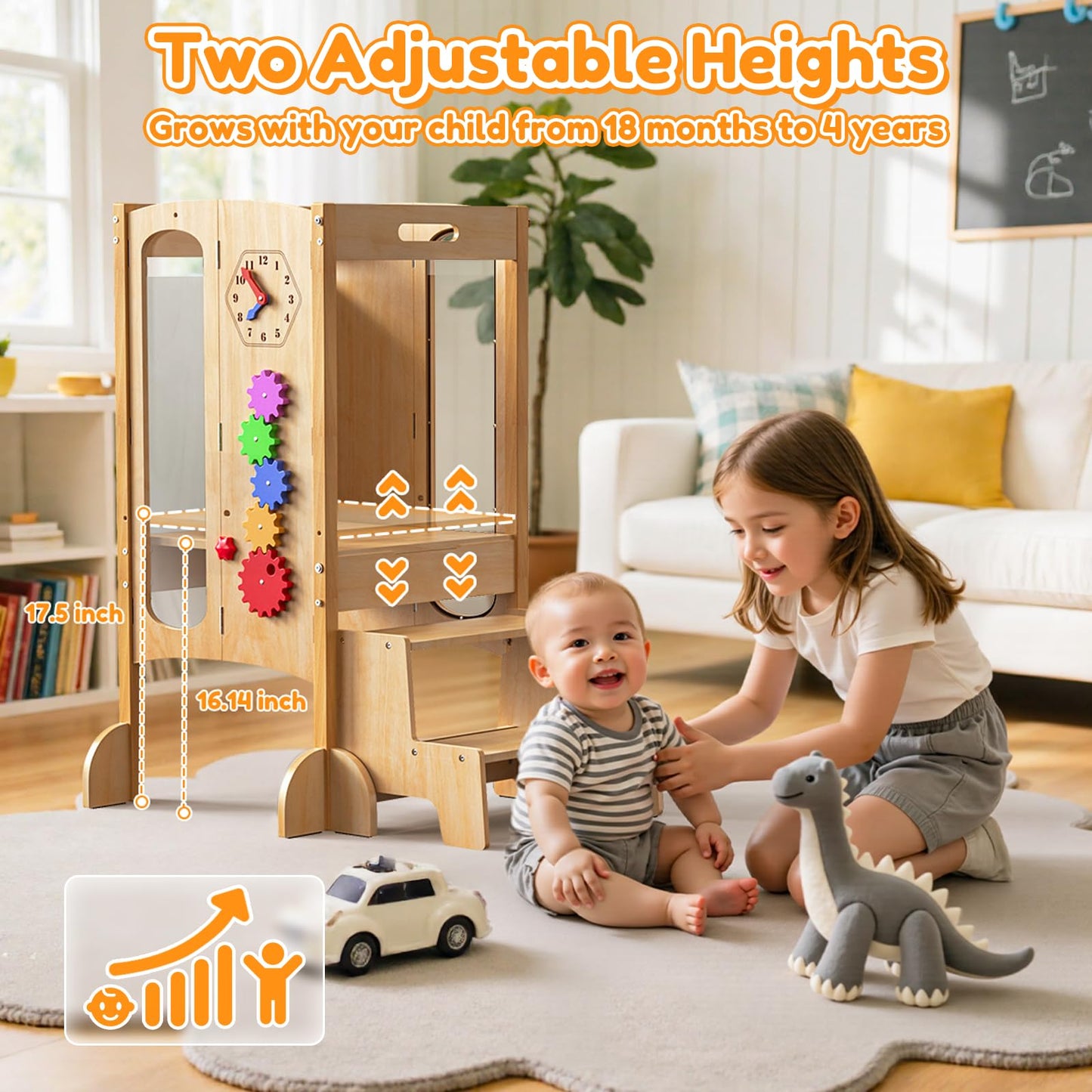 KOLIGEY Foldable Toddler Tower, Kitchen Stool Helper with 2 Step Stool, Toddler Standing Tower for Kids with Safety Net, Adjustable Height