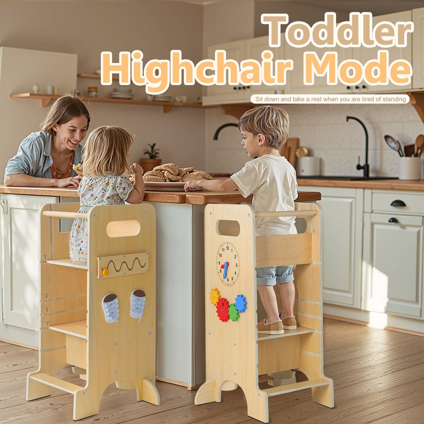 KOLIGEY Toddler Tower 4-in-1 Multifunctional Kitchen Stool Helper with Removable Safety Board, Adjustable Heights