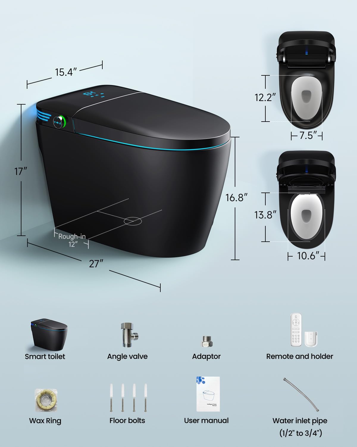 KOLIGEY Black Smart Toilet with Bidet, Auto Open/Close Lid, Heated Seat, Warm Wash&Dryer