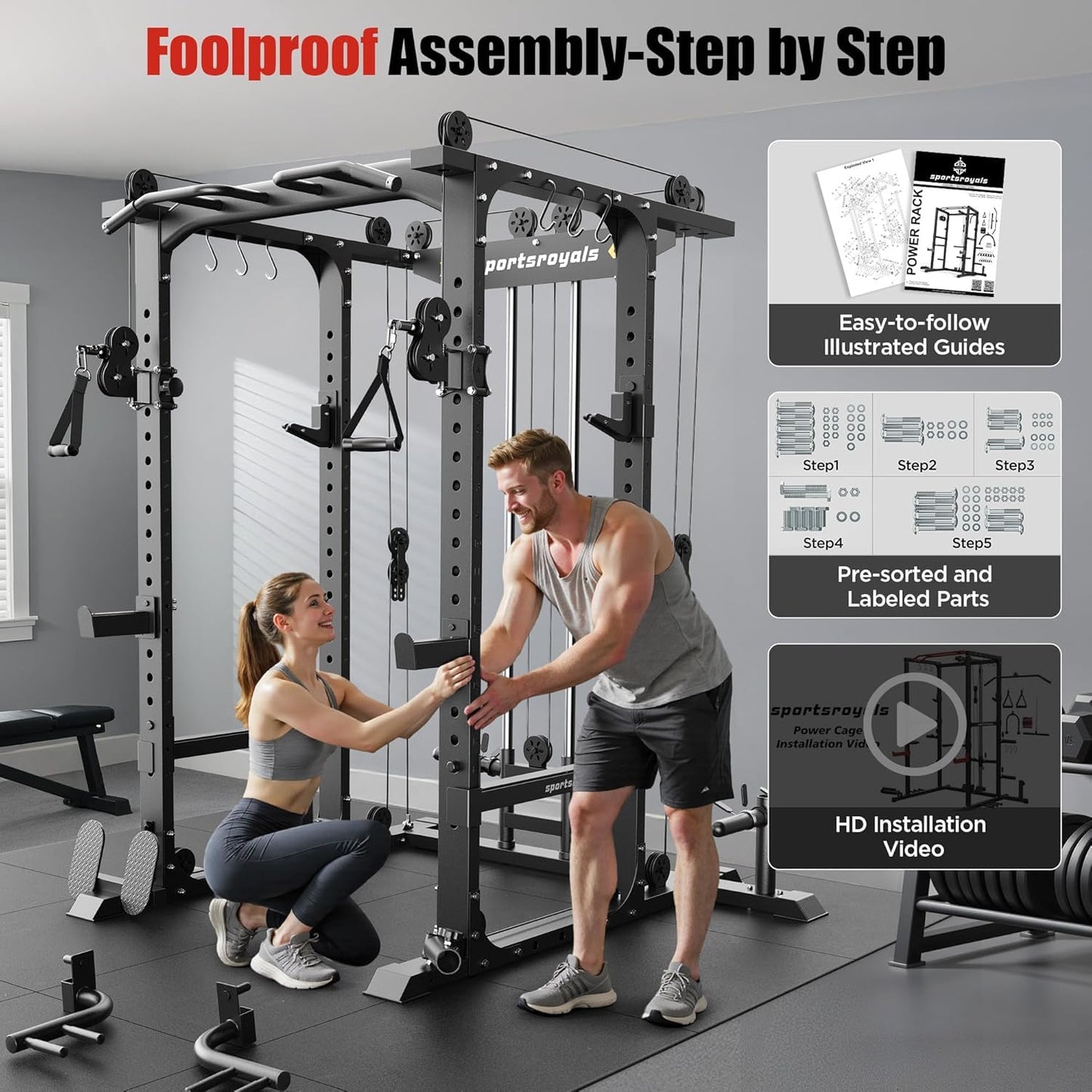 Sportsroyals Power Cage,1600lbs Multi-Function Power Rack with Adjustable Cable Crossover System, Weight Cage for Home Gym