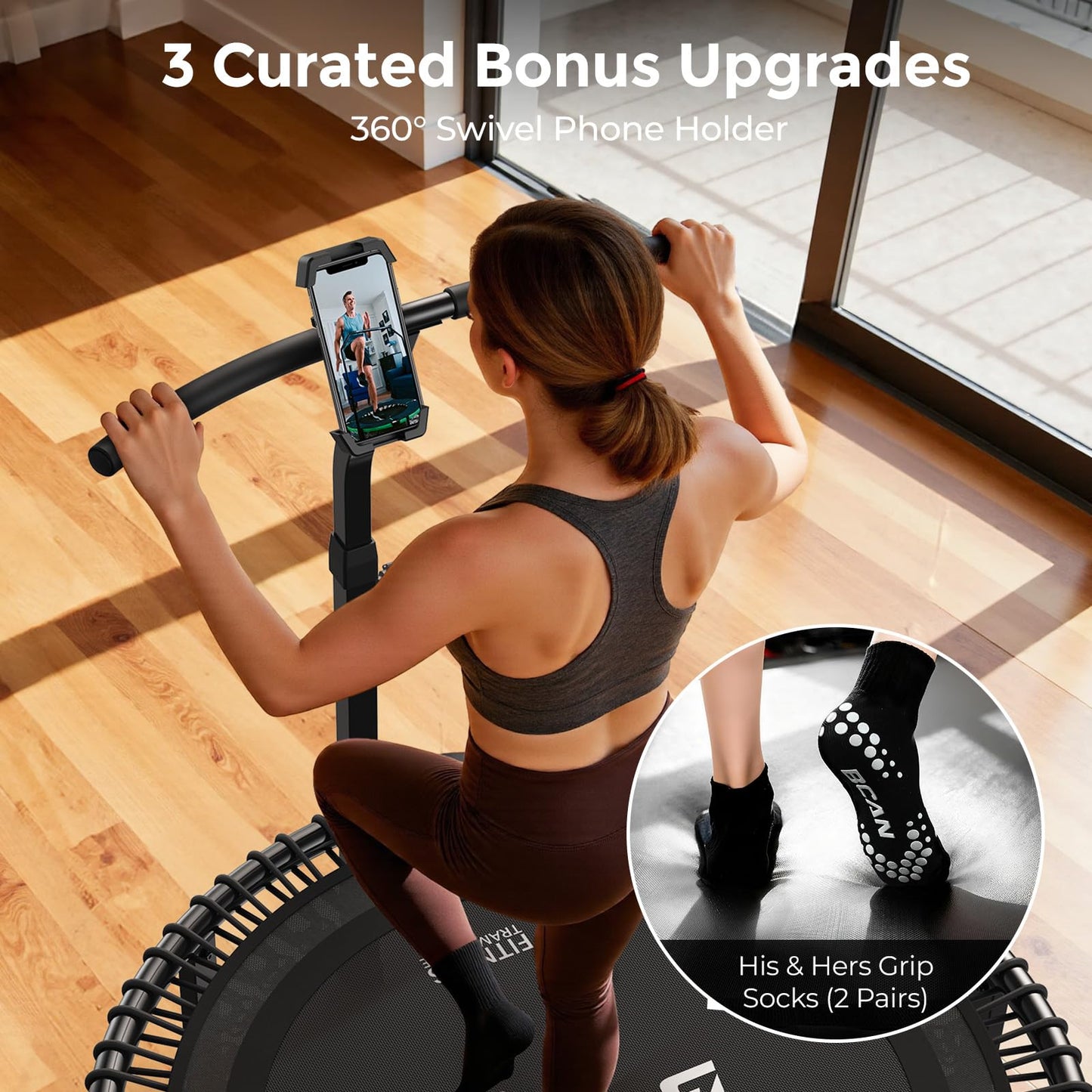 BCAN 40" Soft Land Pro Fitness Rebounder Trampoline, 400 lb Capacity, Adjustable Tension Bungees, Quiet Indoor Cardio w/Handle, Phone Holder & 2 Pairs Socks