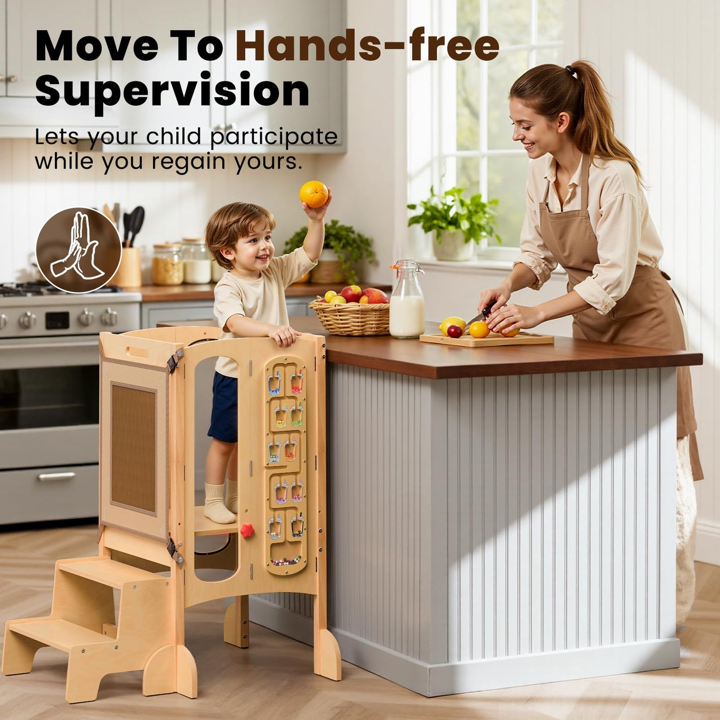 KOLIGEY Toddler Tower Foldable Toddler Kitchen Stool Helper with 2 Step Stool, Safety Net, Adjustable Height