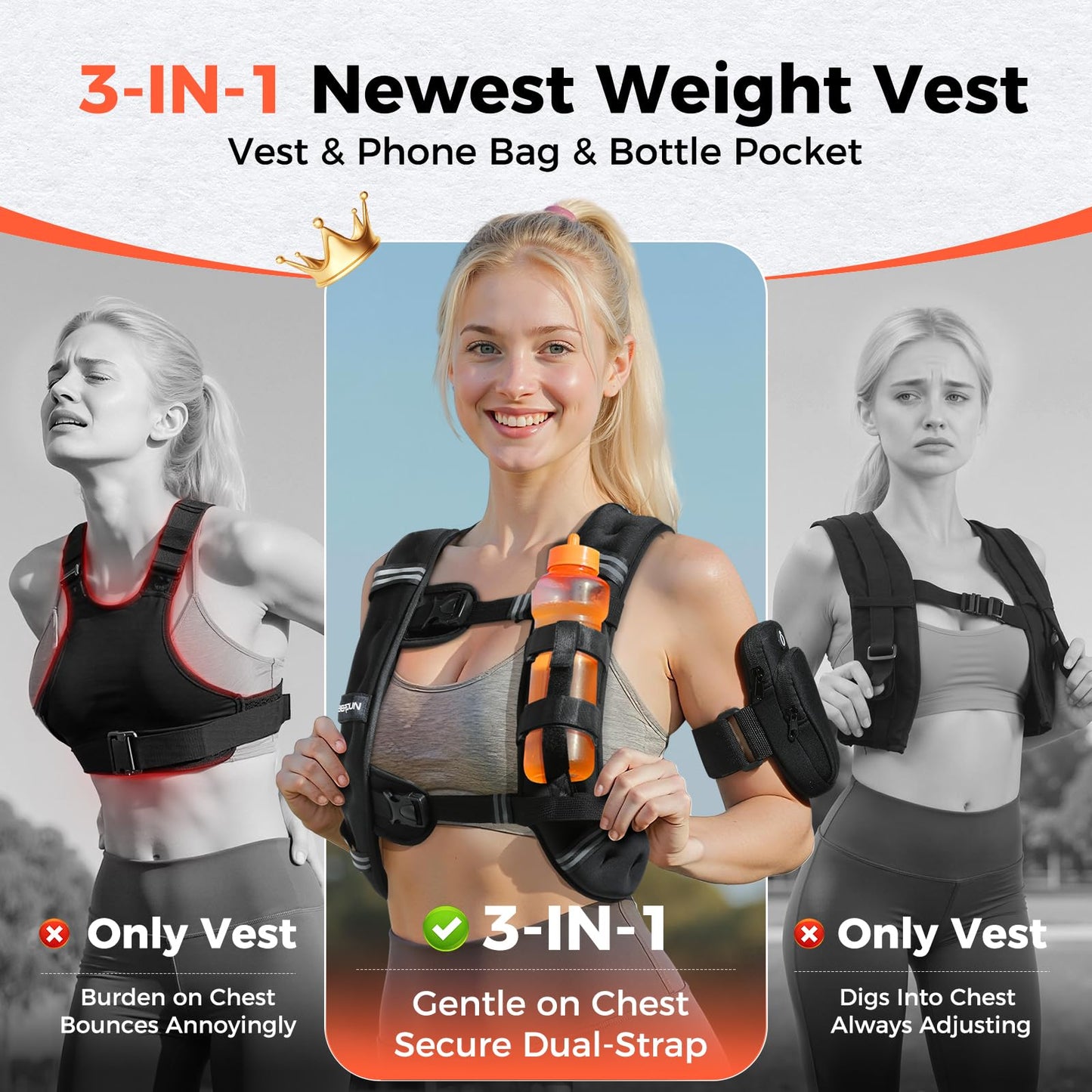 FEIERDUN 3-IN-1 Weighted Vest Woman Man with Hydration, 20lb/12lb/8lb Chest-friendly Adjustable Weight Vest for Walking Running Workout