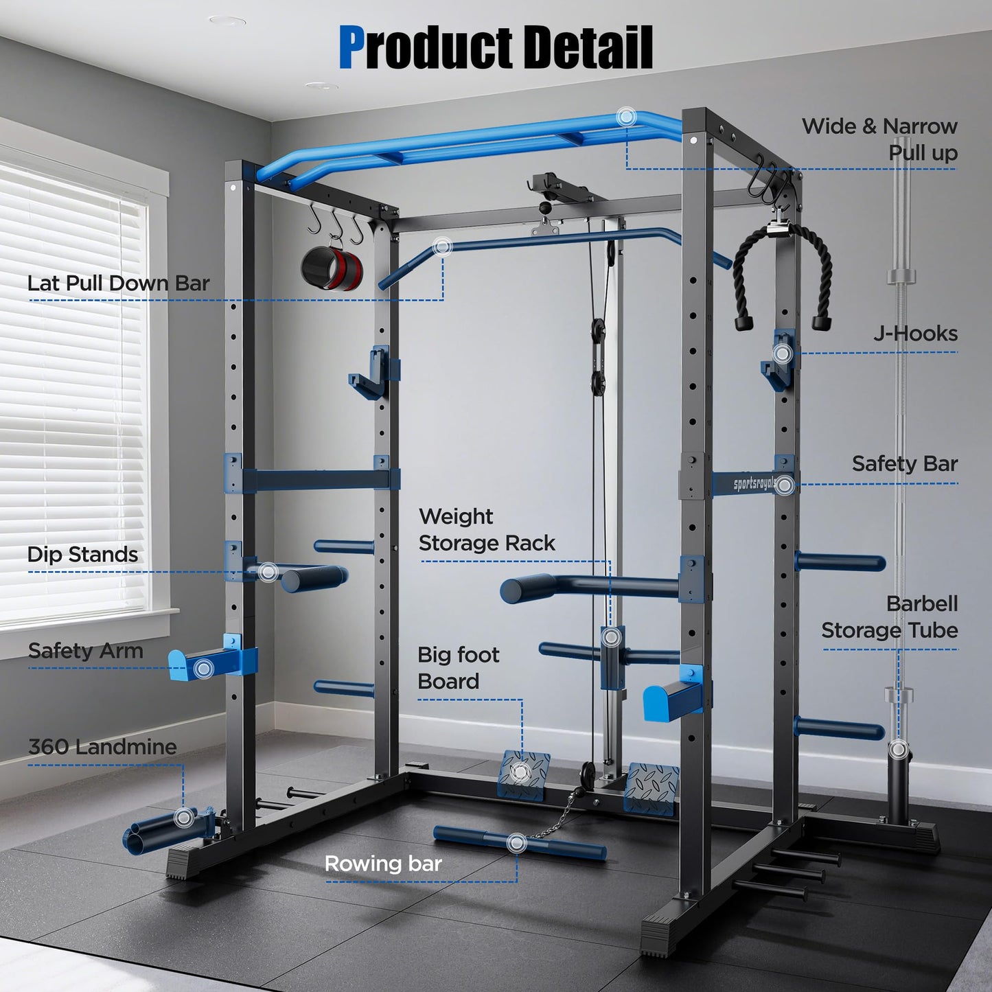 FED Fitness Power Cage,1600lbs Multi-Function Power Rack with Adjustable Cable Crossover System and More Training Attachment, Weight Cage for Home Gym