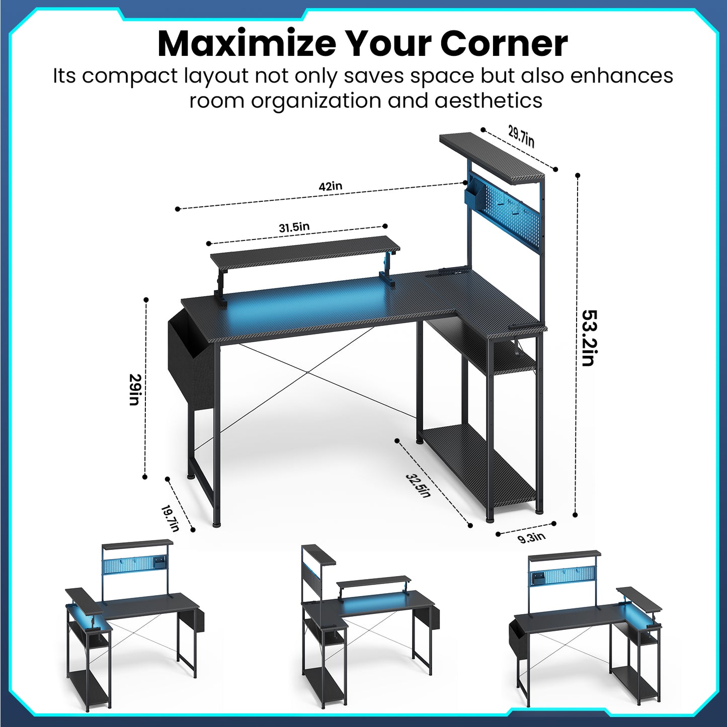 KOLIGEY Gaming Desk, L-Shaped Computer Desk with LED Lights, Monitor Stand, Power Outlets and Storage Drawer