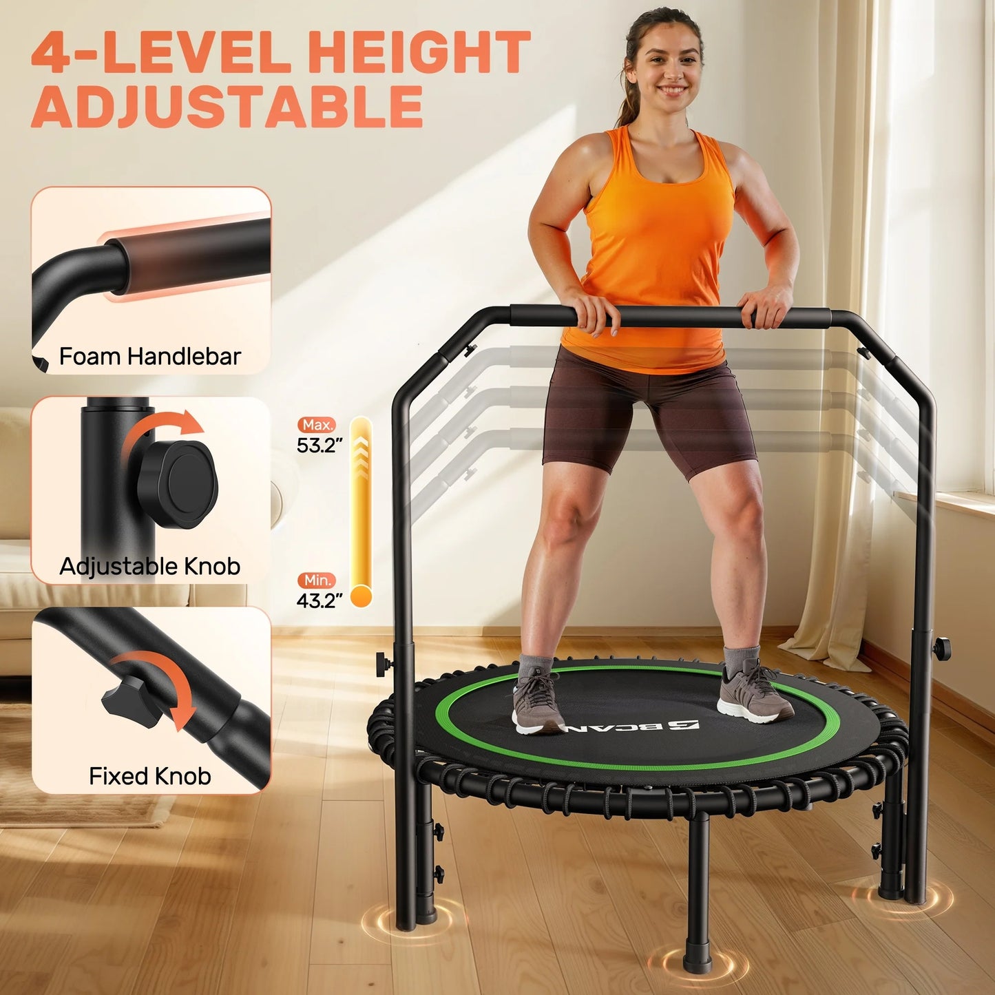 BCAN 450/550LBS Mini Rebounder Trampoline for Adults with Bar, Fitness Trampoline with Bungees, Adjustable Handle, Stable & Quiet, Indoor Outdoor, Whole-Body Workout & Relaxation at Home-40IN/48IN (Copy)