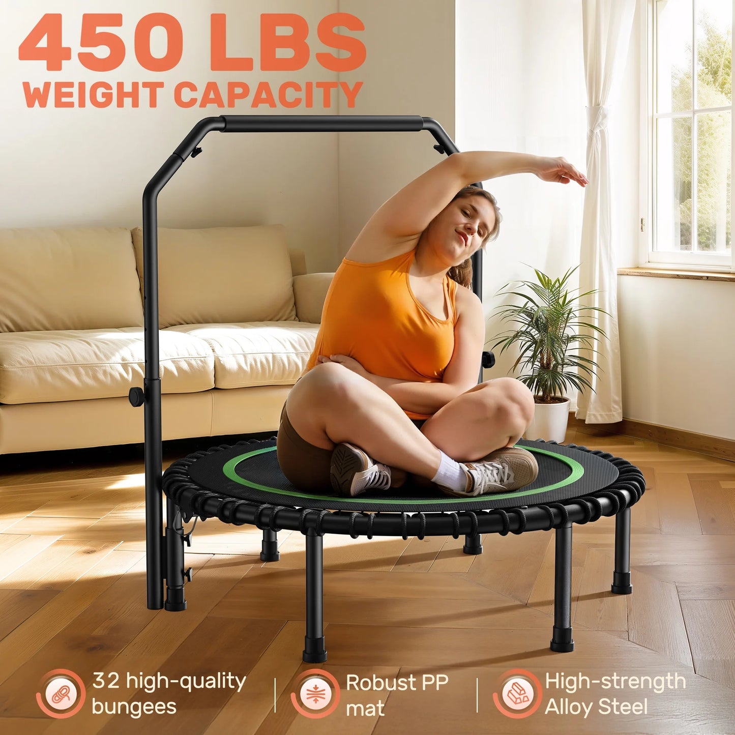 BCAN 450/550LBS Mini Rebounder Trampoline for Adults with Bar, Fitness Trampoline with Bungees, Adjustable Handle, Stable & Quiet, Indoor Outdoor, Whole-Body Workout & Relaxation at Home-40IN/48IN (Copy)