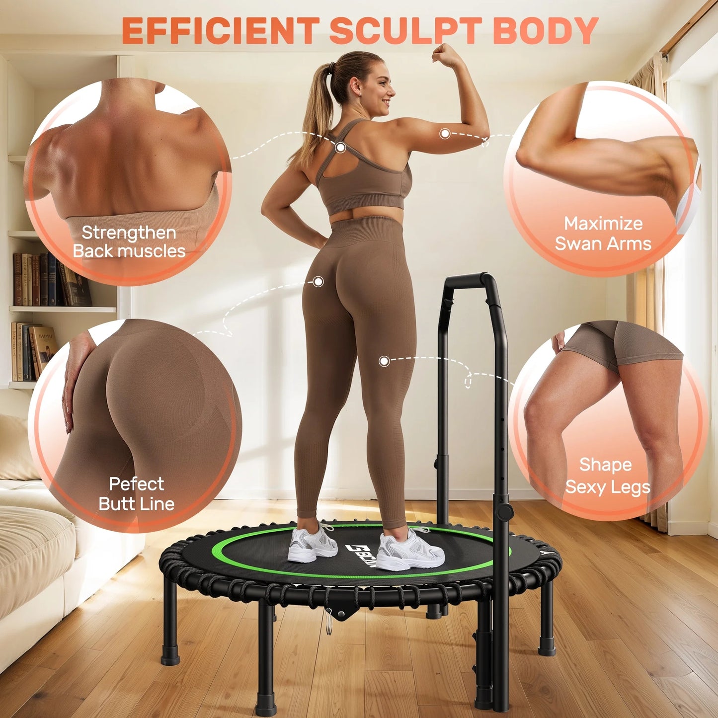 BCAN 450/550LBS Mini Rebounder Trampoline for Adults with Bar, Fitness Trampoline with Bungees, Adjustable Handle, Stable & Quiet, Indoor Outdoor, Whole-Body Workout & Relaxation at Home-40IN/48IN (Copy)