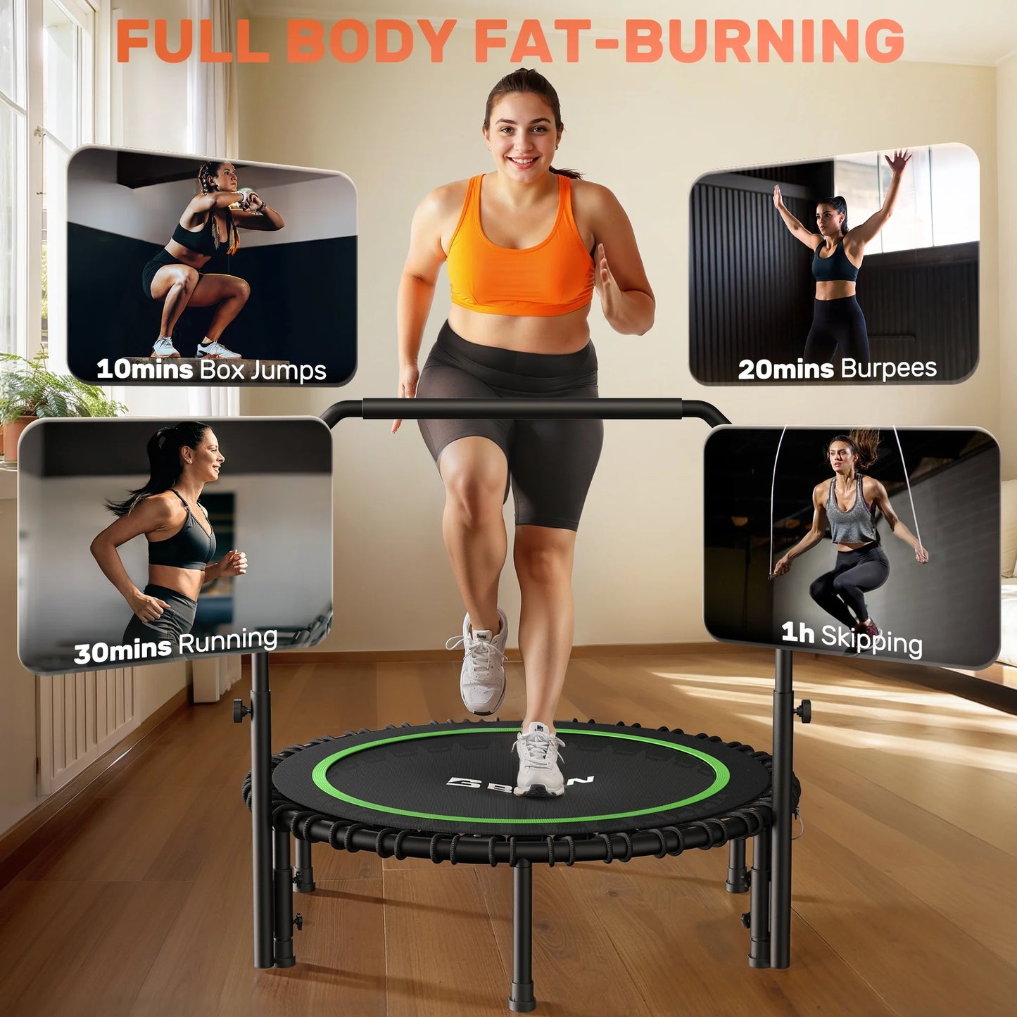 BCAN 450/550LBS Mini Rebounder Trampoline for Adults with Bar, Fitness Trampoline with Bungees, Adjustable Handle, Stable & Quiet, Indoor Outdoor, Whole-Body Workout & Relaxation at Home-40IN/48IN (Copy)