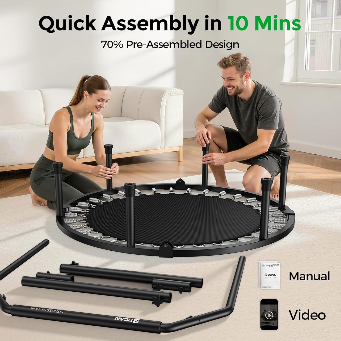 BCAN 48" Foldable Trampoline, Rebounder Trampoline for Adults, U Adjustable Handle