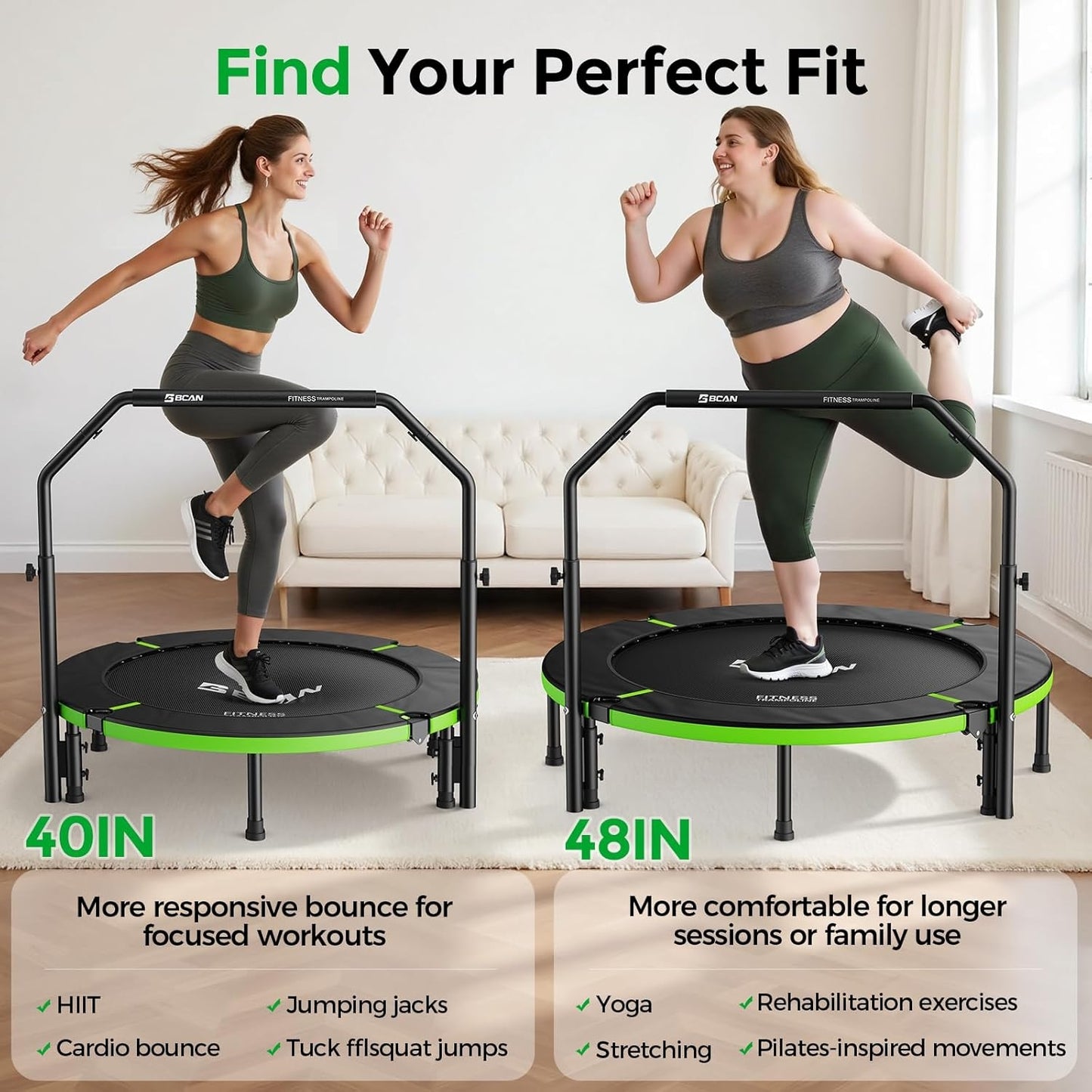 BCAN 48" Foldable Trampoline, Rebounder Trampoline for Adults, U Adjustable Handle