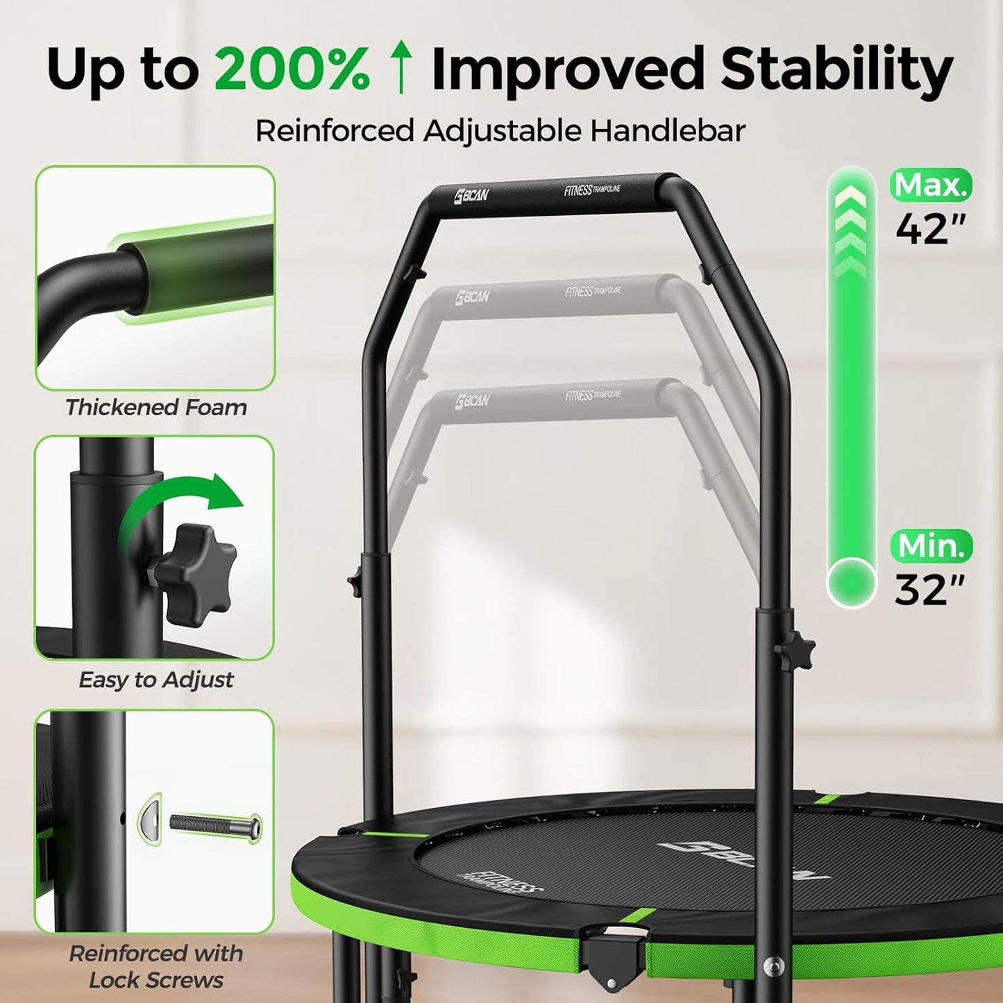 BCAN 48" Foldable Trampoline, Rebounder Trampoline for Adults, U Adjustable Handle
