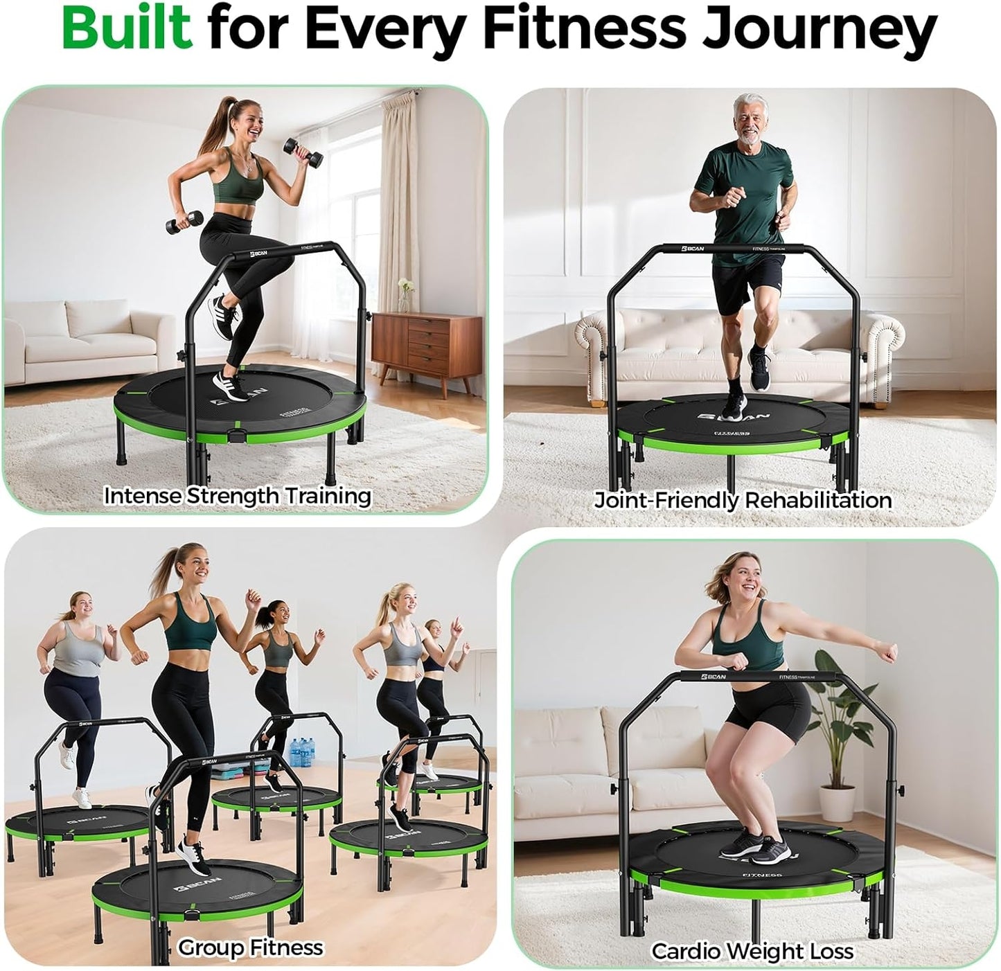 BCAN 48" Foldable Trampoline, Rebounder Trampoline for Adults, U Adjustable Handle