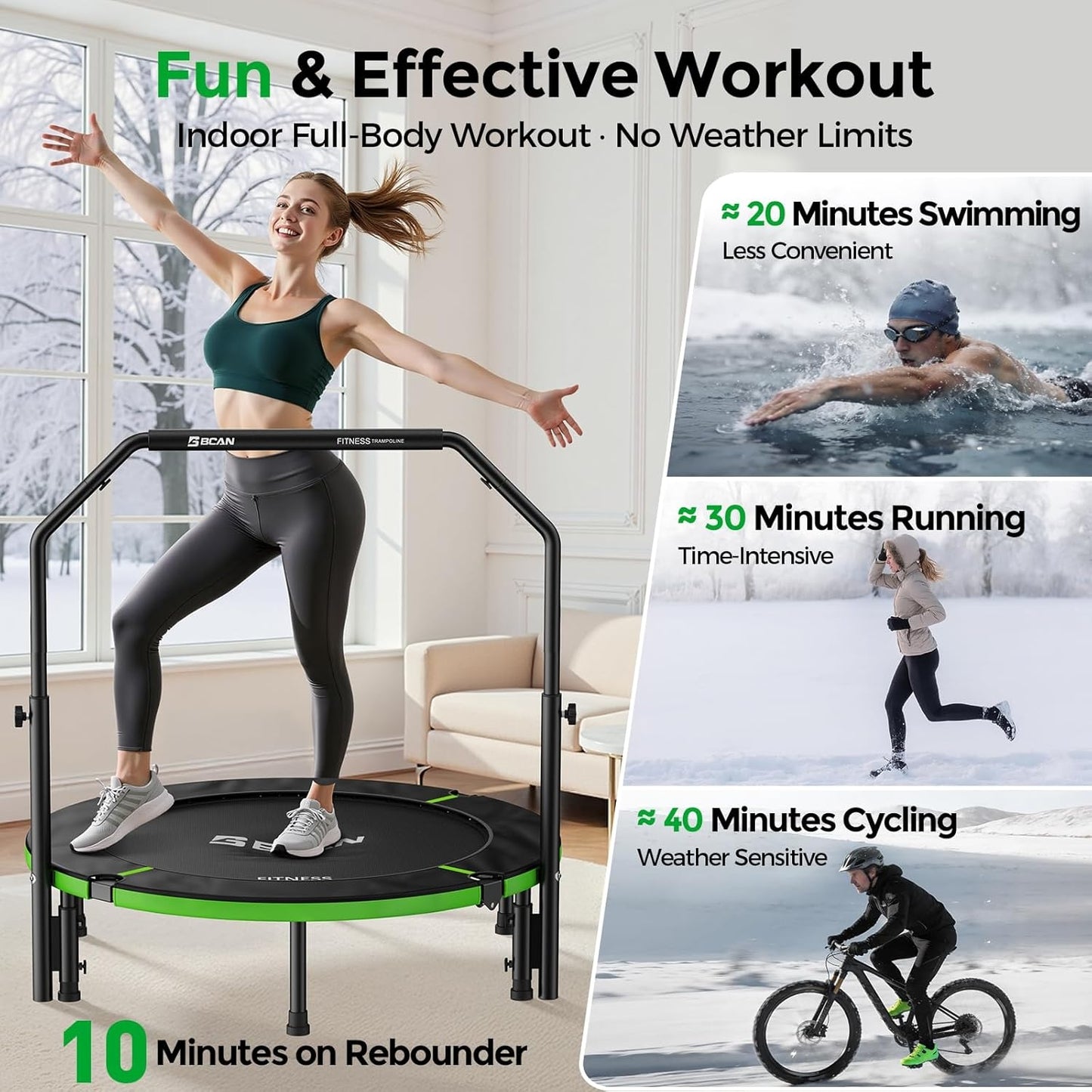 BCAN 48" Foldable Trampoline, Rebounder Trampoline for Adults, U Adjustable Handle