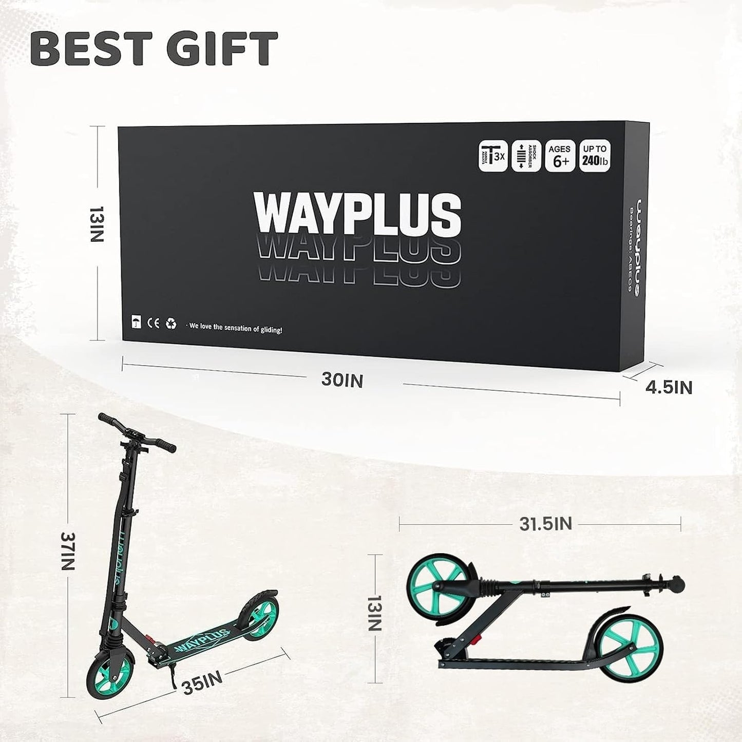 WAYPLUS Kick Scooter for Ages 6+,Kid, Teens & Adults. Max Load 240 LBS. Foldable, Lightweight, 8IN Big Wheels for Kids, Teen and Adults, 4 Adjustable Levels. Bearing ABEC9